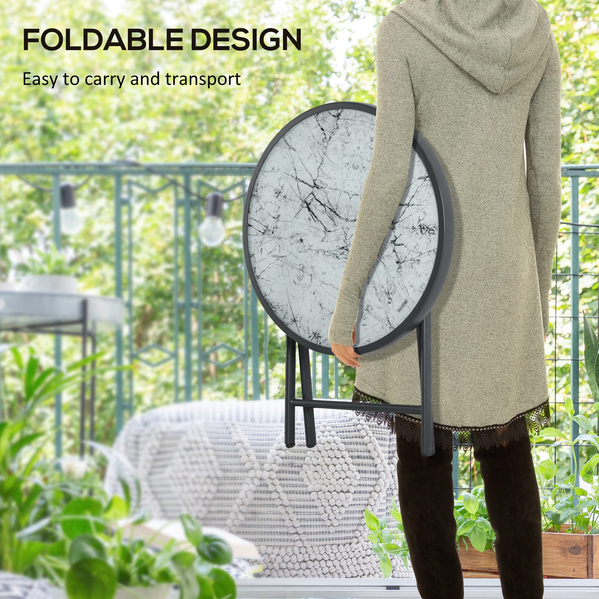 Outsunny 45cm Garden Side Table, Outdoor Round Folding Patio Table with Imitation Marble Glass Top, Small Coffee Table, White
