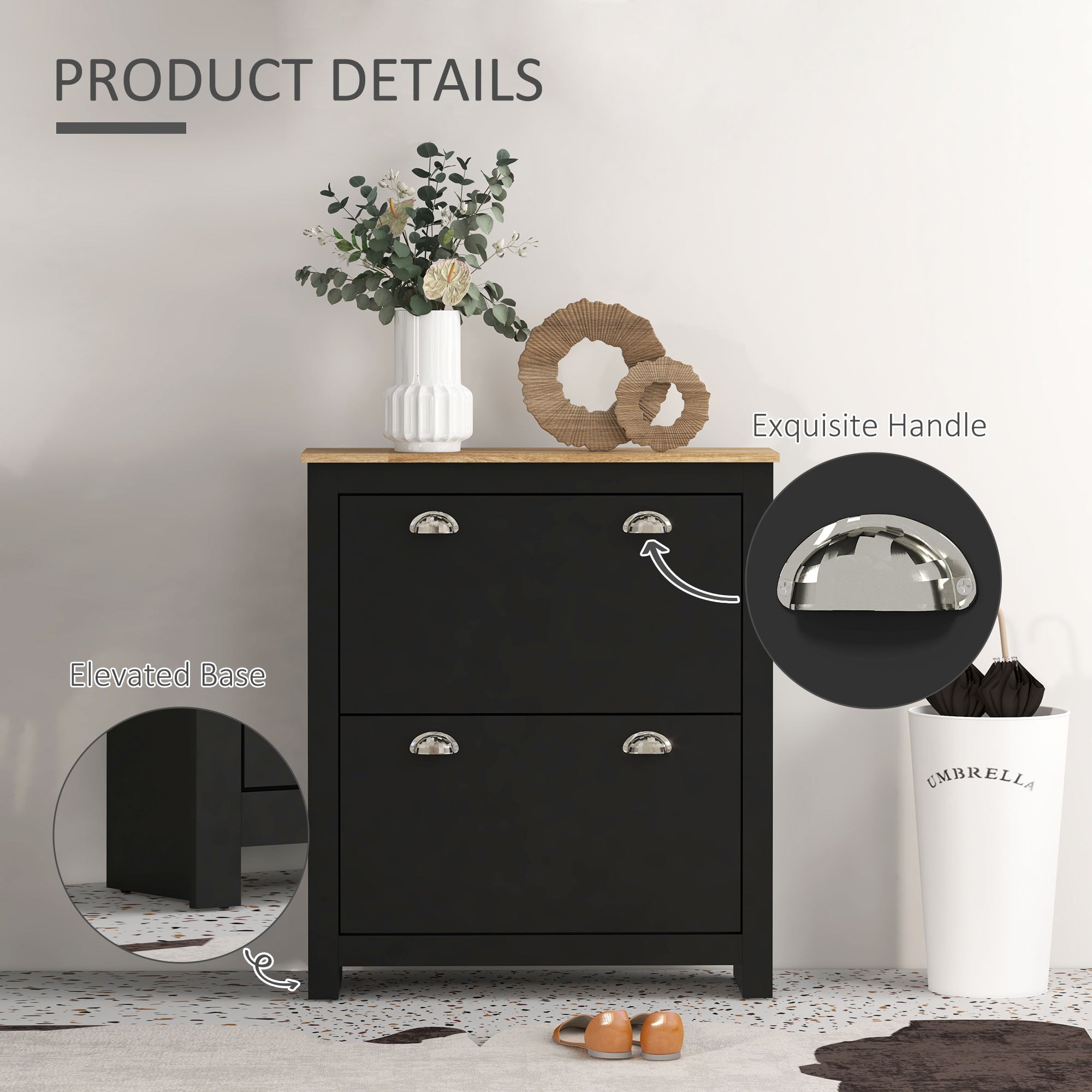 HOMCOM 2 Drawer Shoe Cabinet Modern Narrow Shoe Cupboard Hallway Wooden Storage Organiser with Flip Doors Adjustable Shelf for 6-12 Pairs, Black