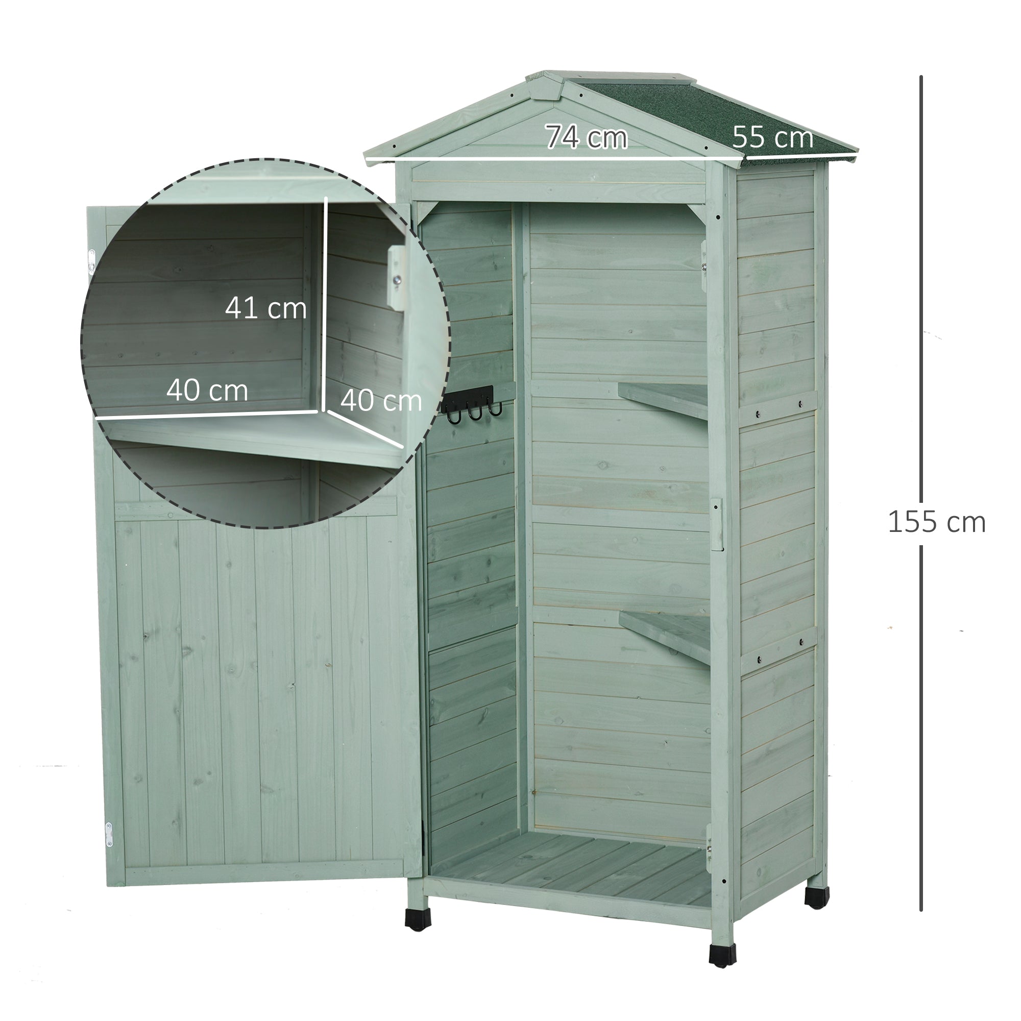 Outsunny Wooden Garden Shed, Outdoor Storage Cabinet with 2 Shelves and Hooks, Locking Organiser Outdoor Narrow Tool House, 74x55x155cm, Green