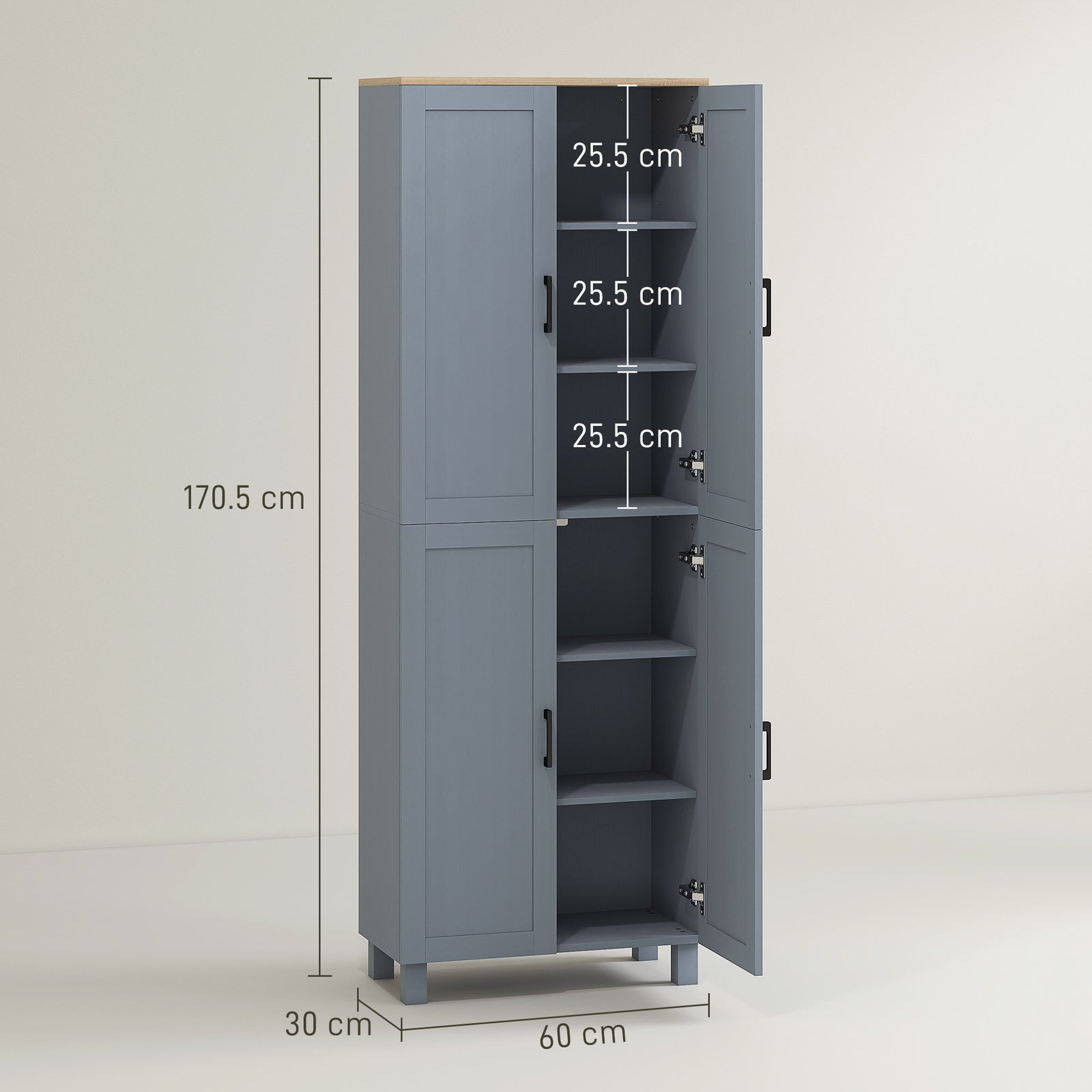 HOMCOM Freestanding Kitchen Cupboard, 4-Door Storage Cabinet with Adjustable Shelves, Modern Kitchen Pantry, 170cm, Grey