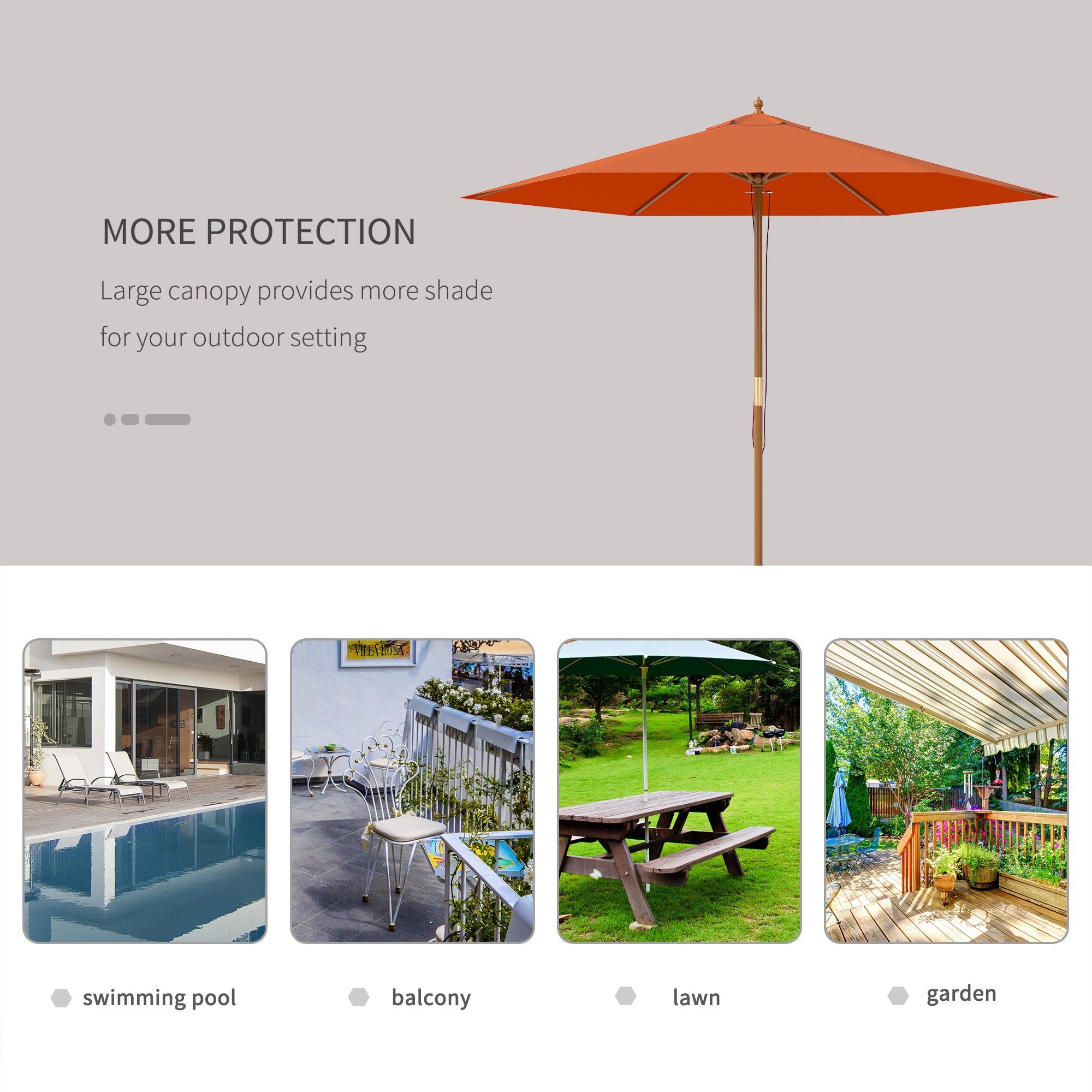 Outsunny 2.5m Wood Garden Parasol Sun Shade Patio Outdoor Wooden Umbrella Canopy, Table Market Umbrella with Vent, 38mm Pole, Rope Pulley Mechanism, Orange