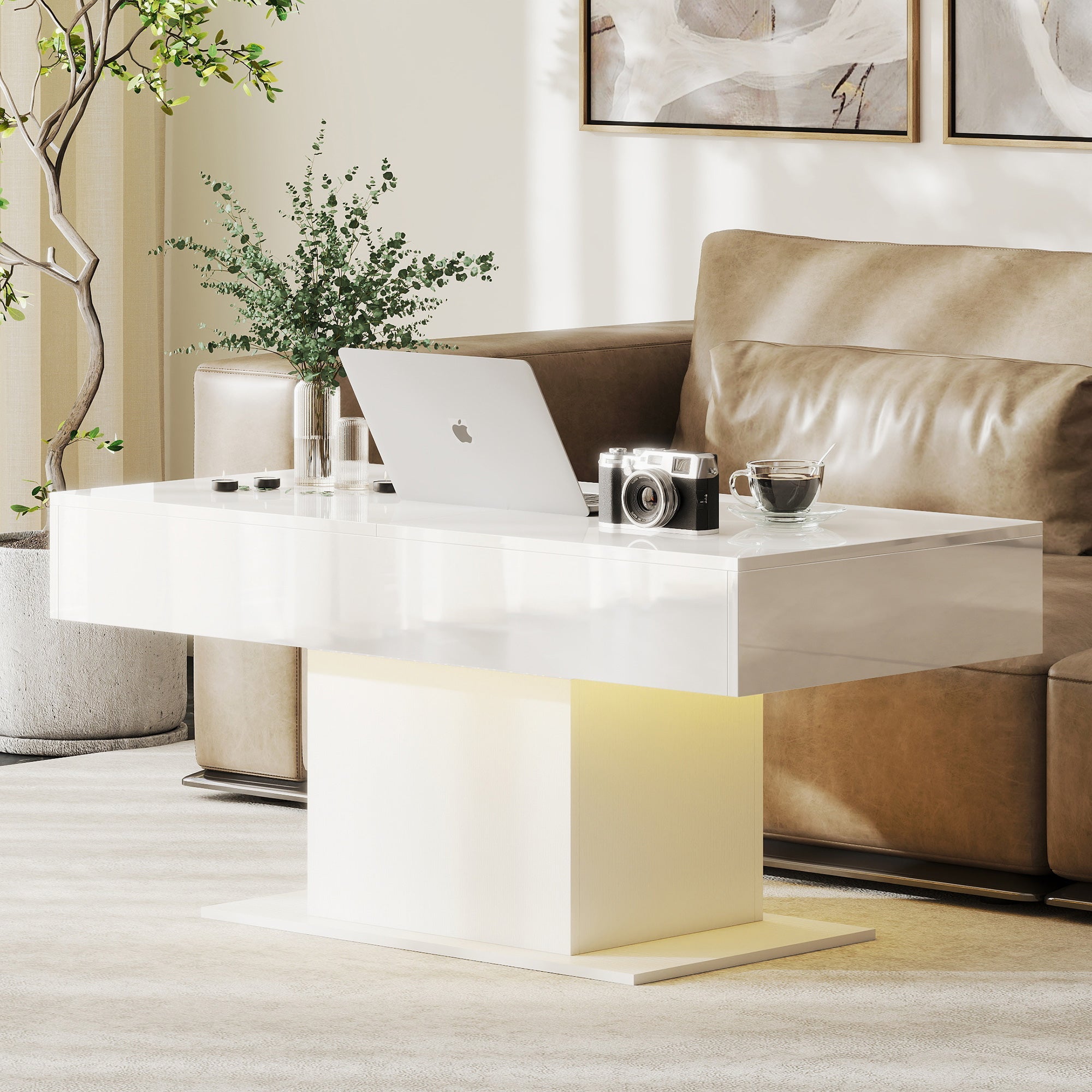 HOMCOM Extendable Coffee Table with LED Lights and Storage - High Gloss White