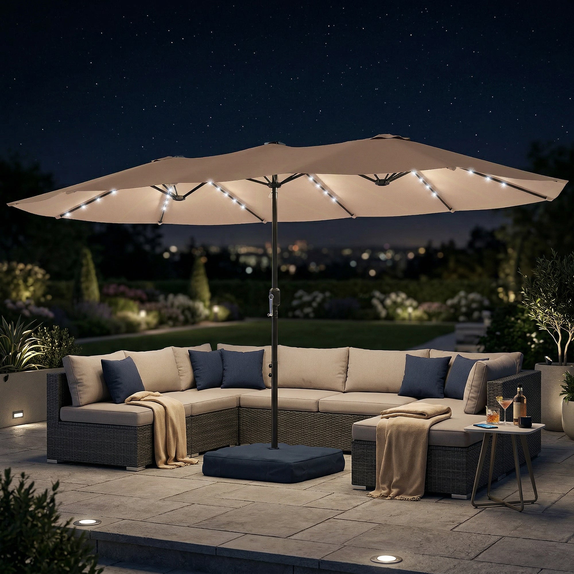 Outsunny Patio Umbrella Double-Sided Outdoor Umbrella with Solar Lights Base, Khaki