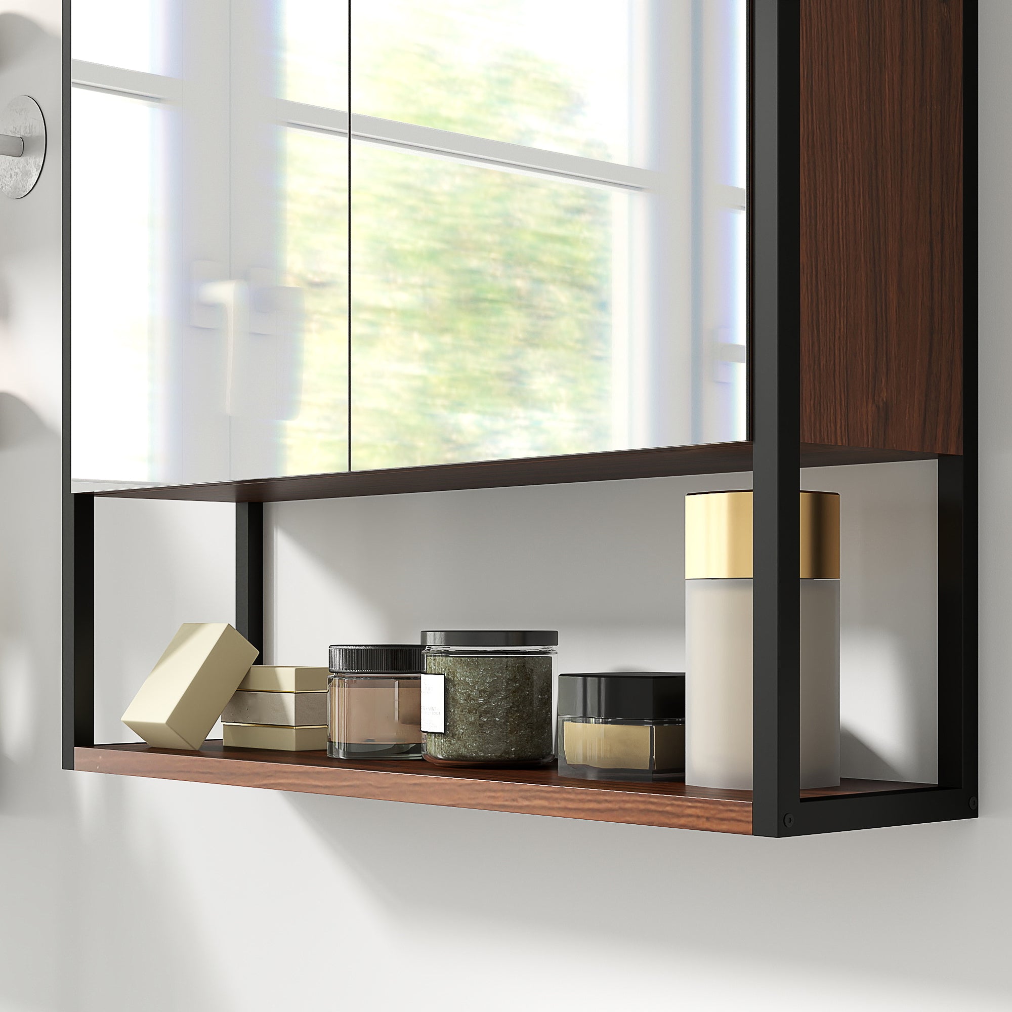 HOMCOM Bathroom Mirror Cabinet with Soft-Close Doors and Adjustable Shelf - Natural Wood Finish