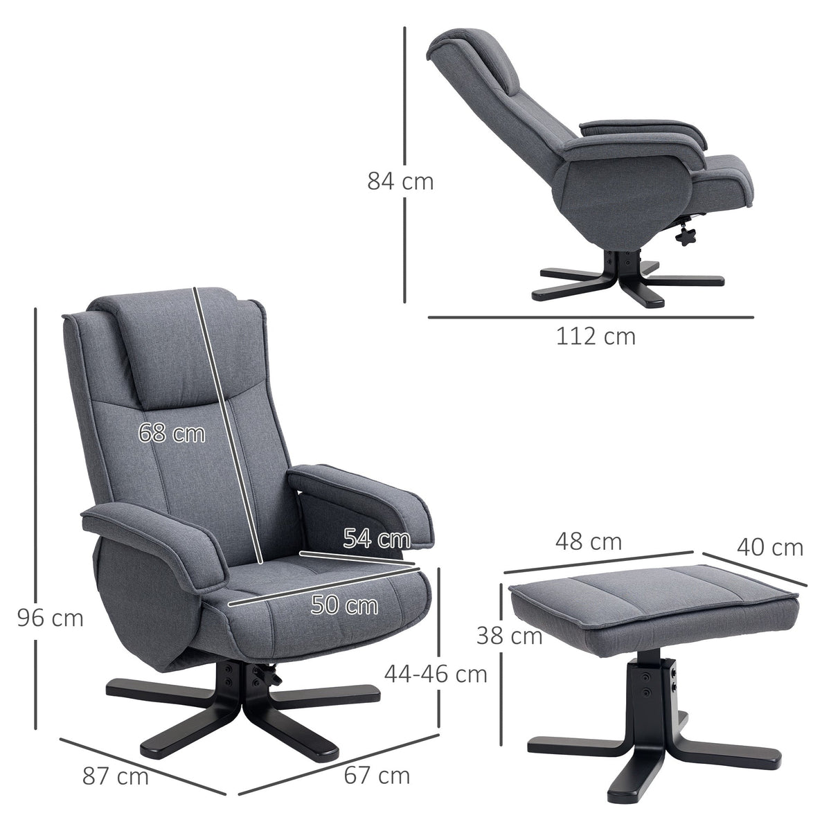 HOMCOM Rocker Swivel Recliner Chair with Footstool - Charcoal Grey Linen