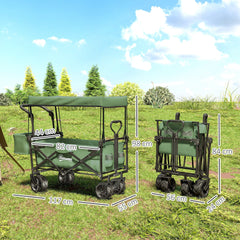 Outsunny Folding Trolley Cart Storage Wagon Beach Trailer 4 Wheels with Handle Overhead Canopy Cart Push Pull for Camping, Green