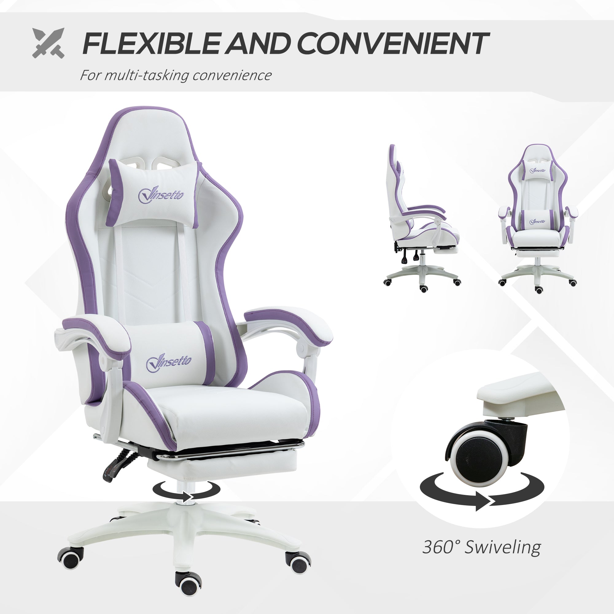 Vinsetto Computer Gaming Chair, PU Leather Office Desk Chair with Footrest, Swivel Wheels, 135√Ç¬∞ Reclining Back, Lumbar Support, Headrest for Home, White and Purple