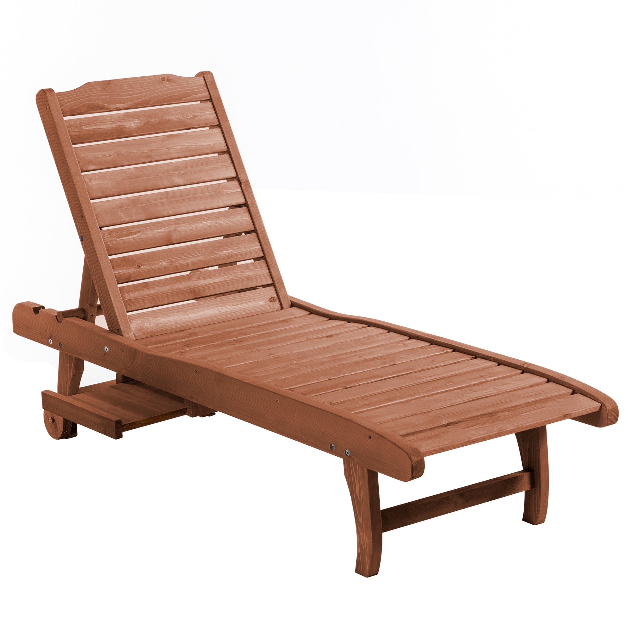Outsunny Outdoor Wooden Lounger Chair, Sun Bed with Built-In Table, Adjustable Backrest and Wheels, Red Brown