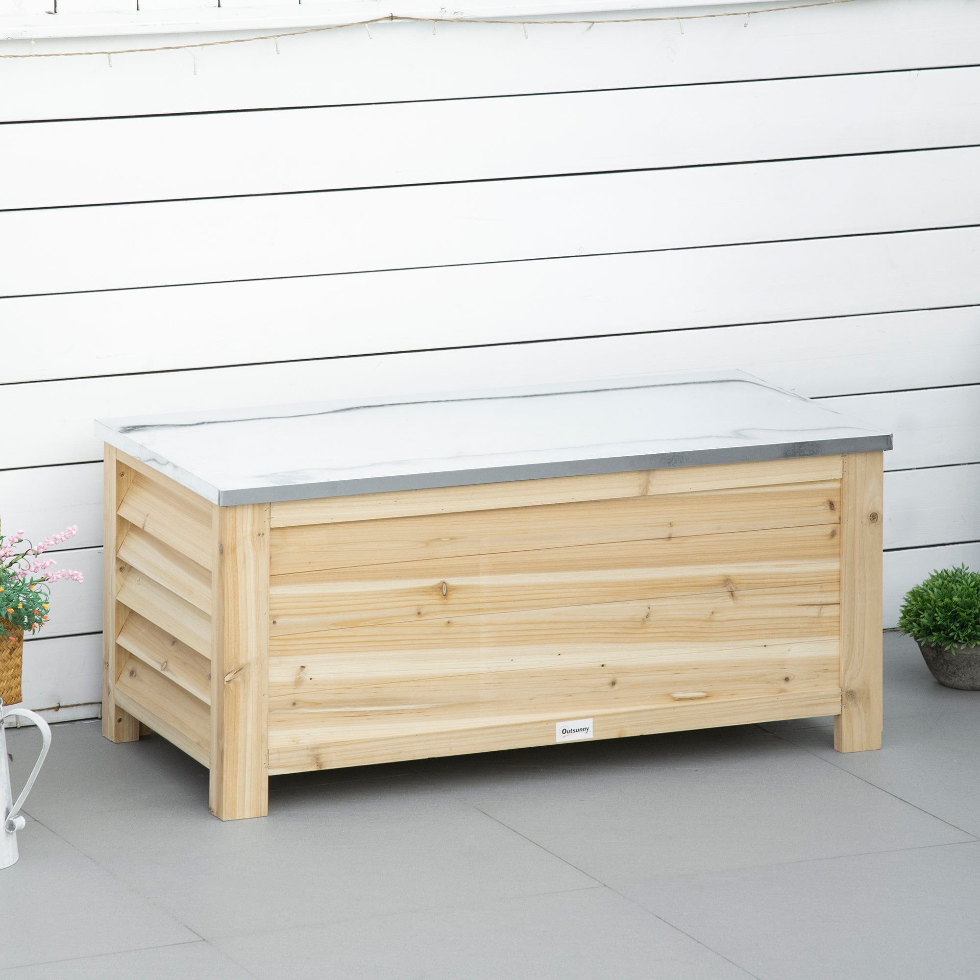 Outsunny 155L Outdoor Storage Box with Metal Top and Shutter Walls, Wooden Outside Tool organiser Container, for Garden, terrace
