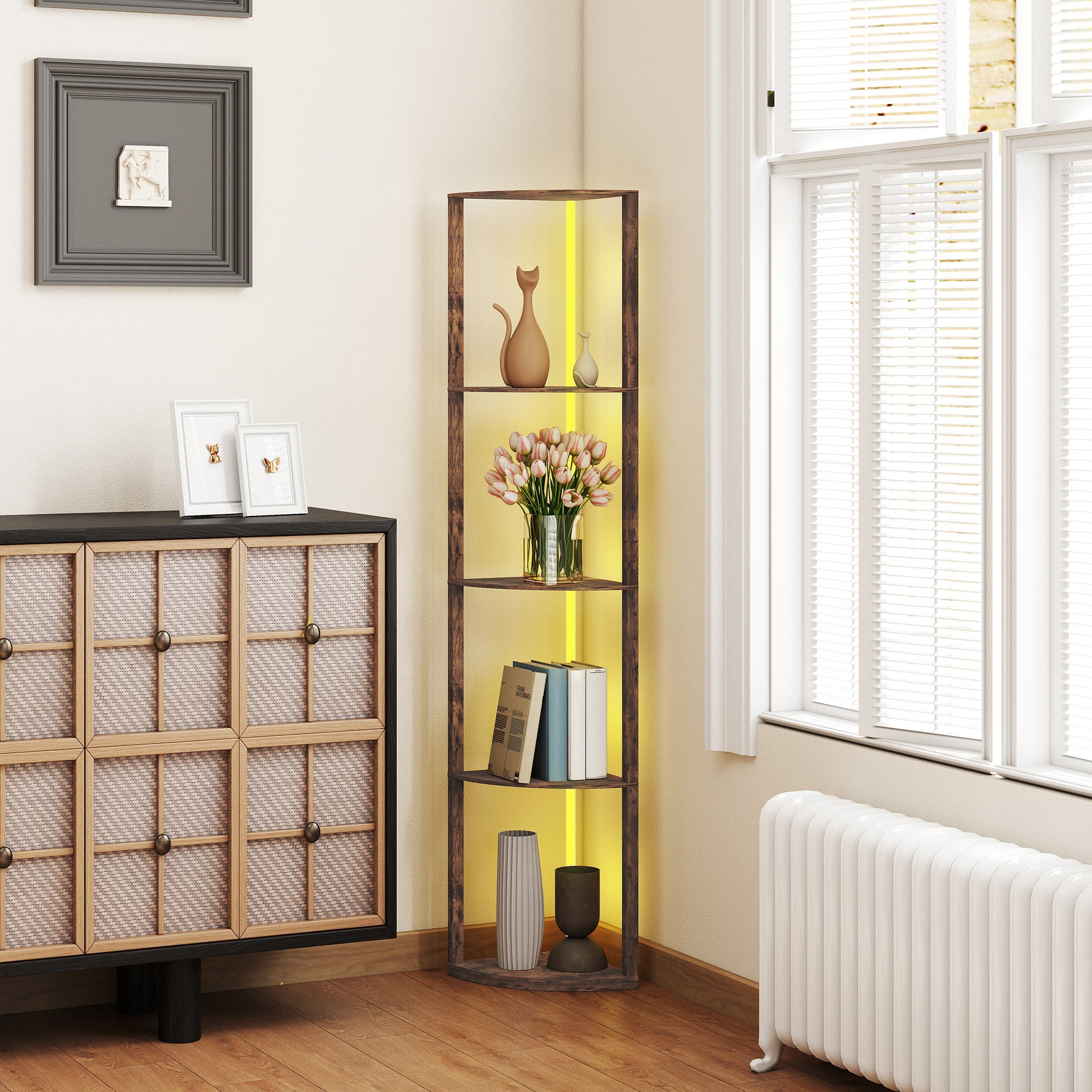 HOMCOM RGB LED Floor Lamp with Shelves, 5-Tier Dimmable Standing Lamp with Adjustable Brightness and Remote Control, Modern Corner Display Shelf Unit for Living Room Bedroom Office, Rustic Brown