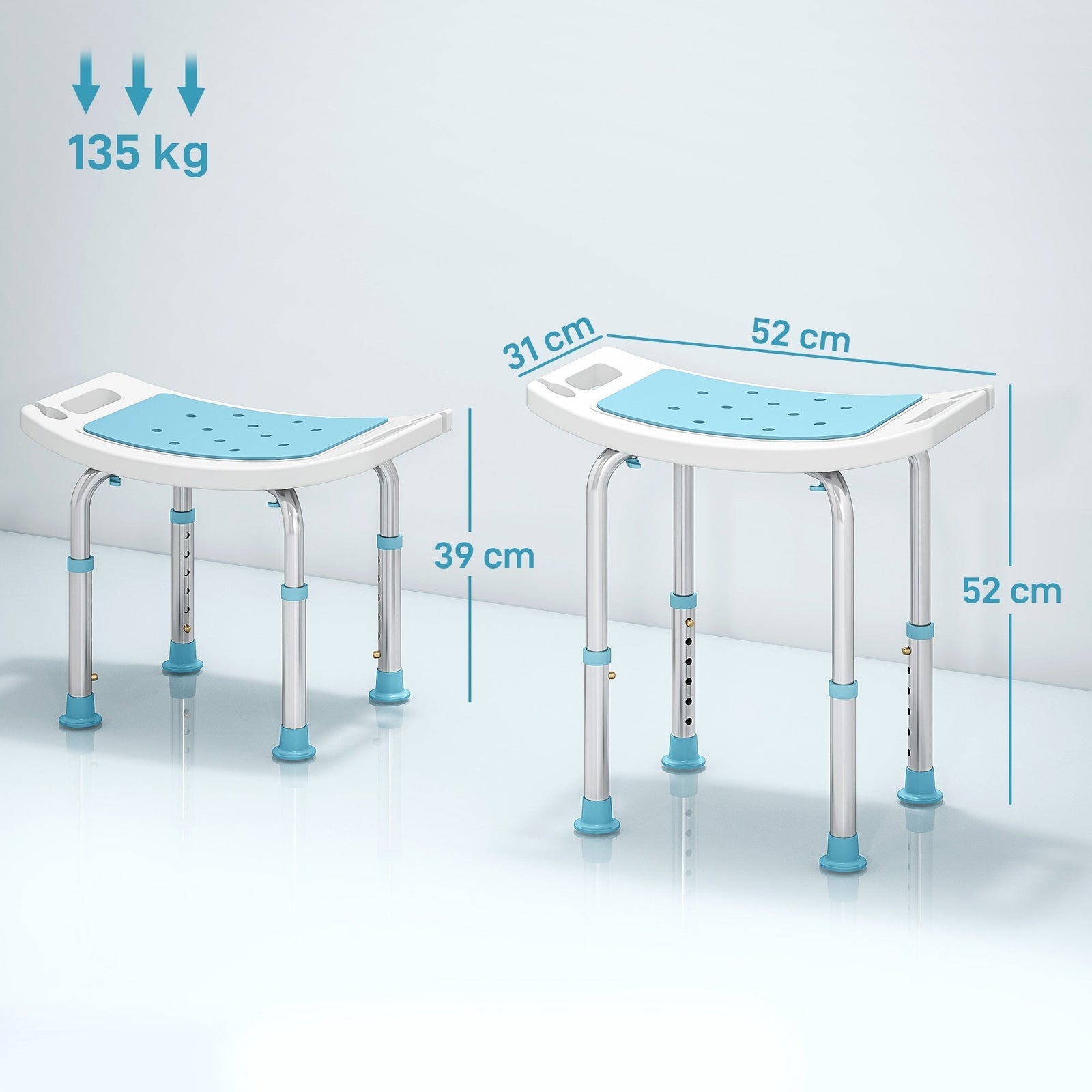 HOMCOM 6-Level Height Adjustable Aluminium Bath Room Stool Chair Shower Non-Slip Design w/ Padded Seat Drainage Holes Foot Pad, Turquoise