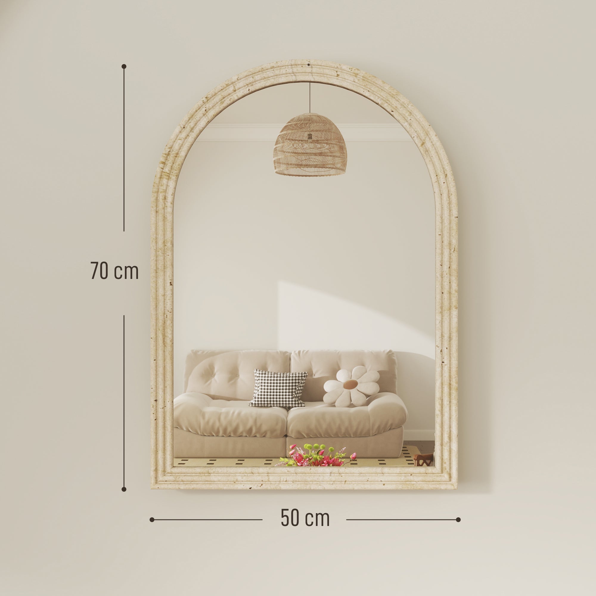 HOMCOM Arched Wall Mirror with Grooved Edge & Hooks, Wall-Mounted Mirror, Modern Tempered Glass & Polystyrene Beige