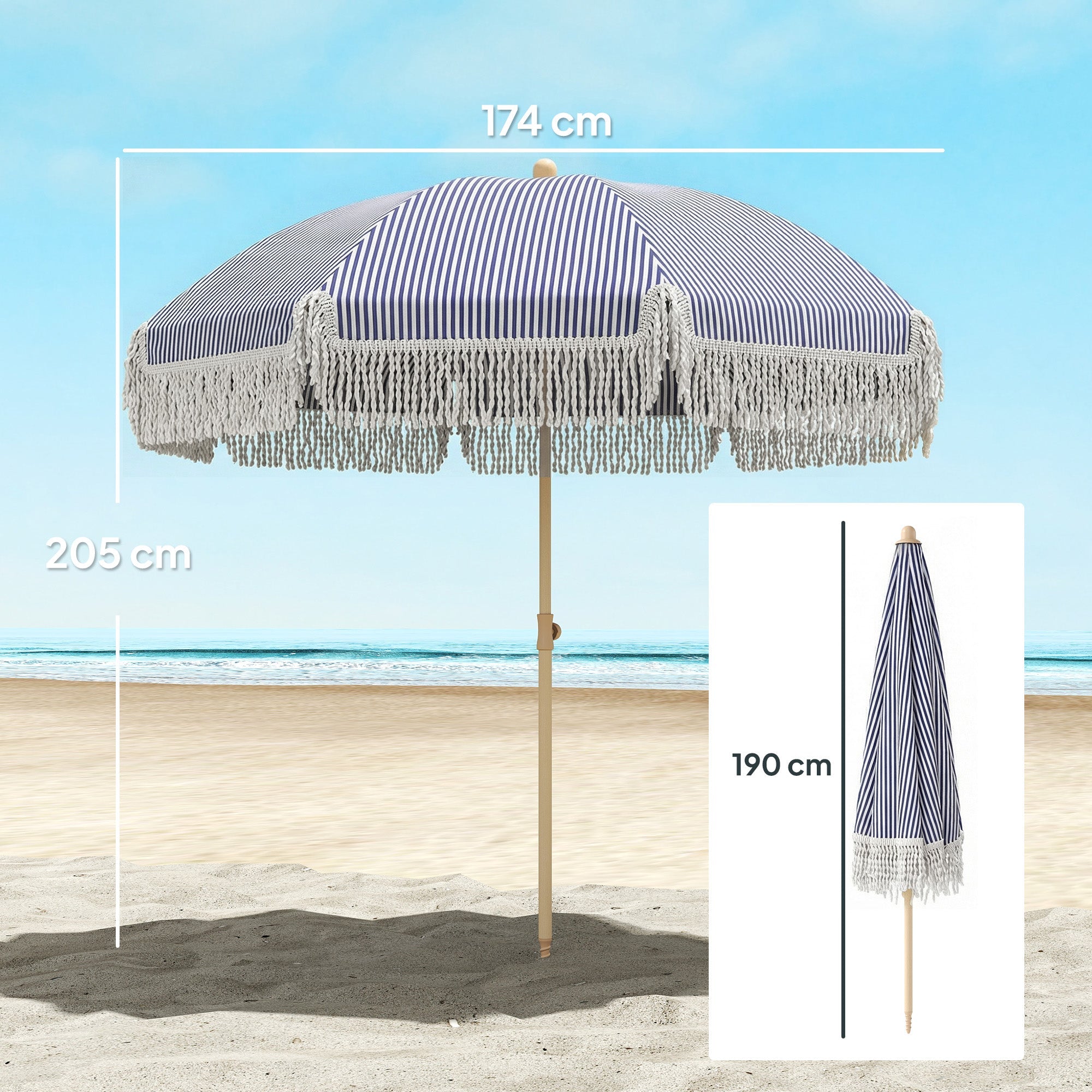 Outsunny 1.7 m Beach Umbrella with Sand Anchor, 30Â° Tilting Fringed Beach Garden Parasol with Adjustable Height, Blue