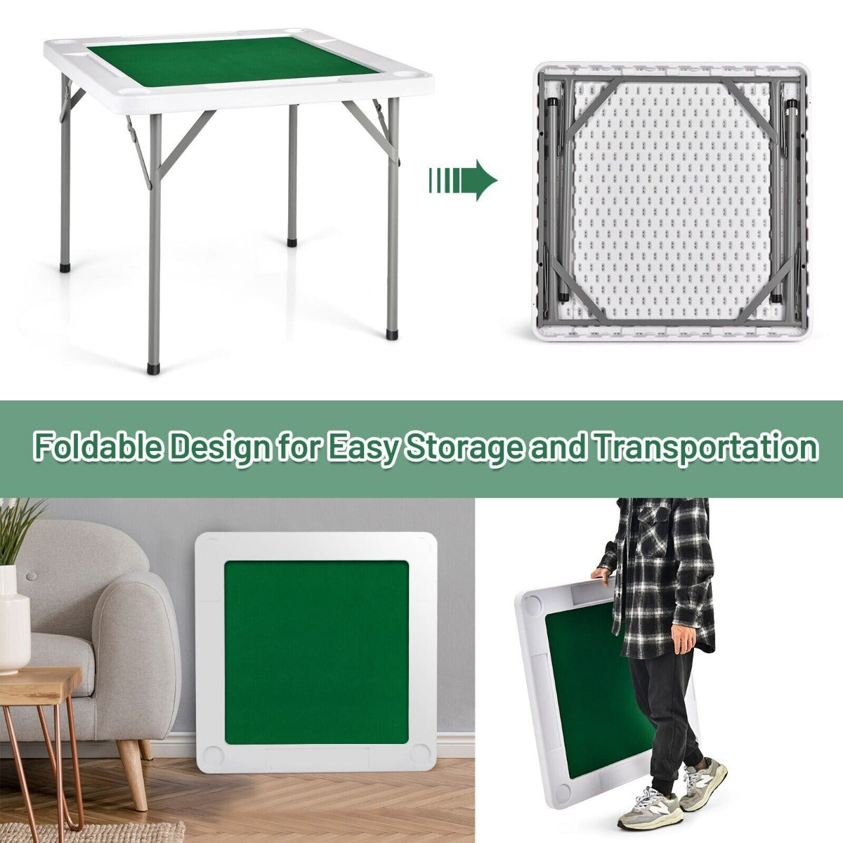 Folding Square Mahjong Table with 4 Cup Holders and Chip Grooves