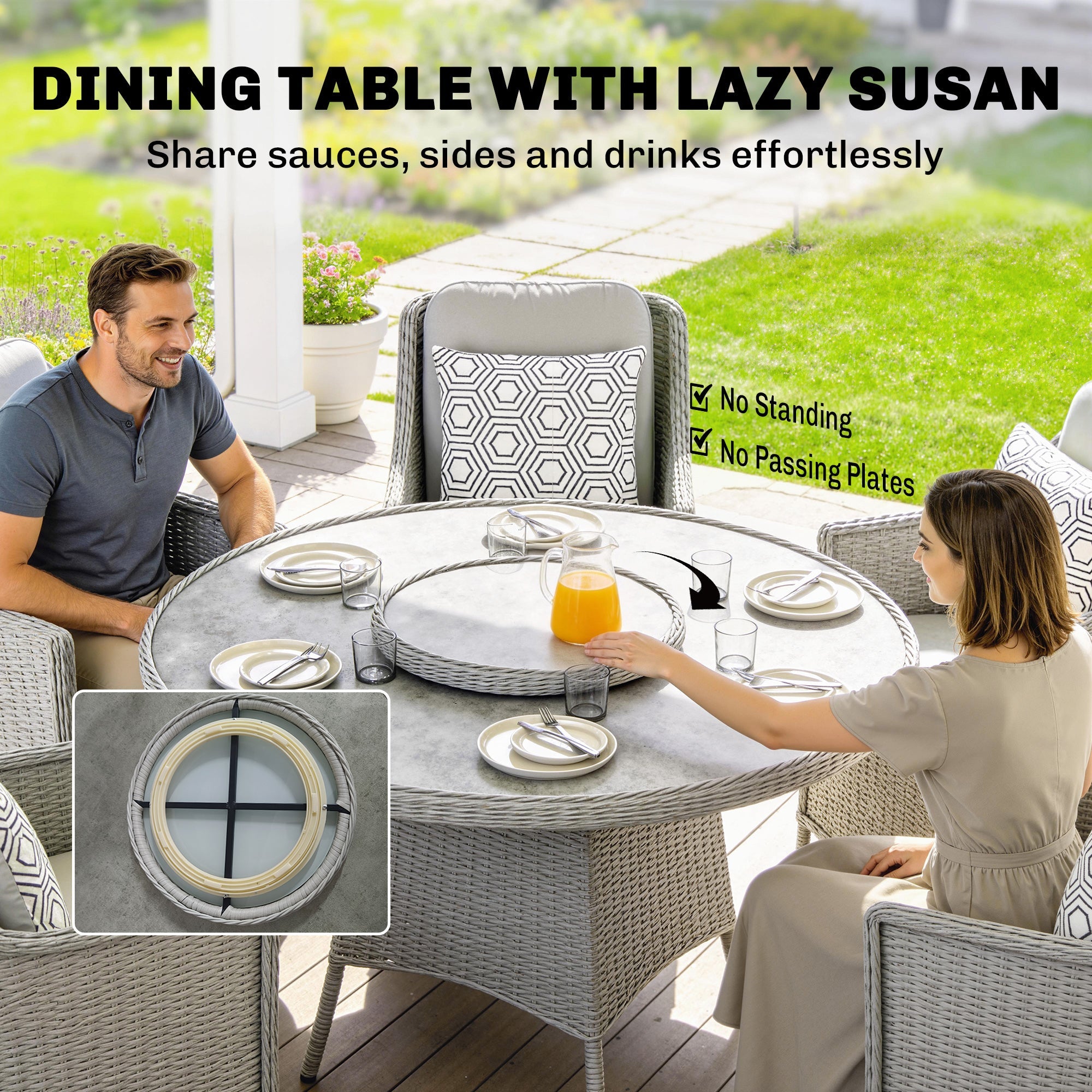Outsunny Rattan Garden Dining Set with Lazy Susan, Marble Effect Glass Round Garden Table and Chairs with Aluminium Frame, Grey