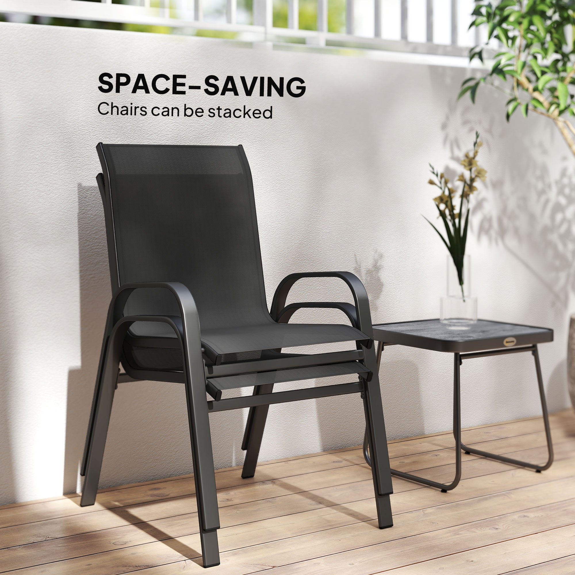 Outsunny 3 Pieces Outdoor Bistro Set, Patio Stackable Armchairs with Breathable Mesh Fabric and SPC Board Coffee Table, Black