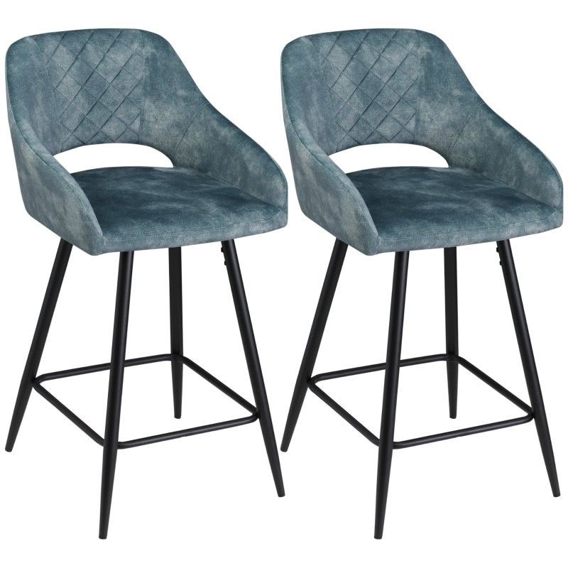 Bar Stools Set of 2, Velvet-Touch Fabric Counter Height Bar Chairs, Kitchen Stools with Steel Legs for Dining Area, Kitchen Island Barstools, Blue