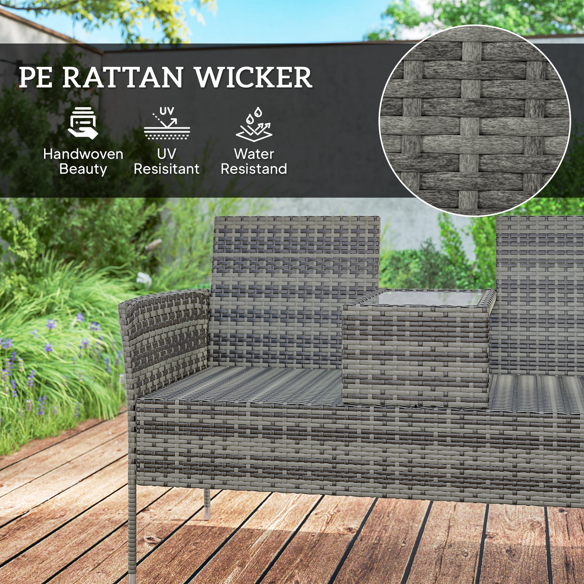 Outsunny Two-Seat Rattan Chair, with Middle Table - Charcoal Grey