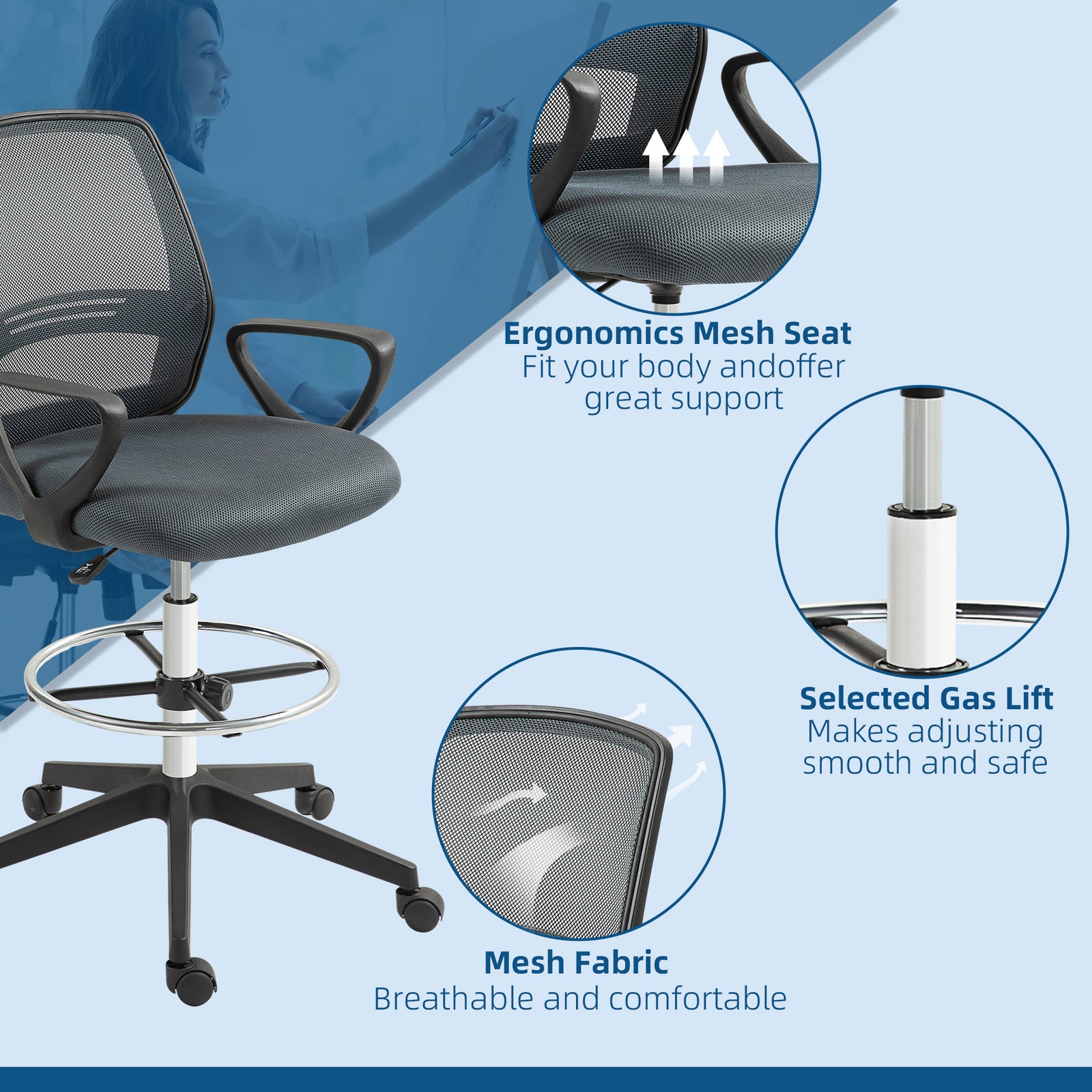 Vinsetto 102.5-126cm Draughtsman Office Chair, with Footrest - Grey