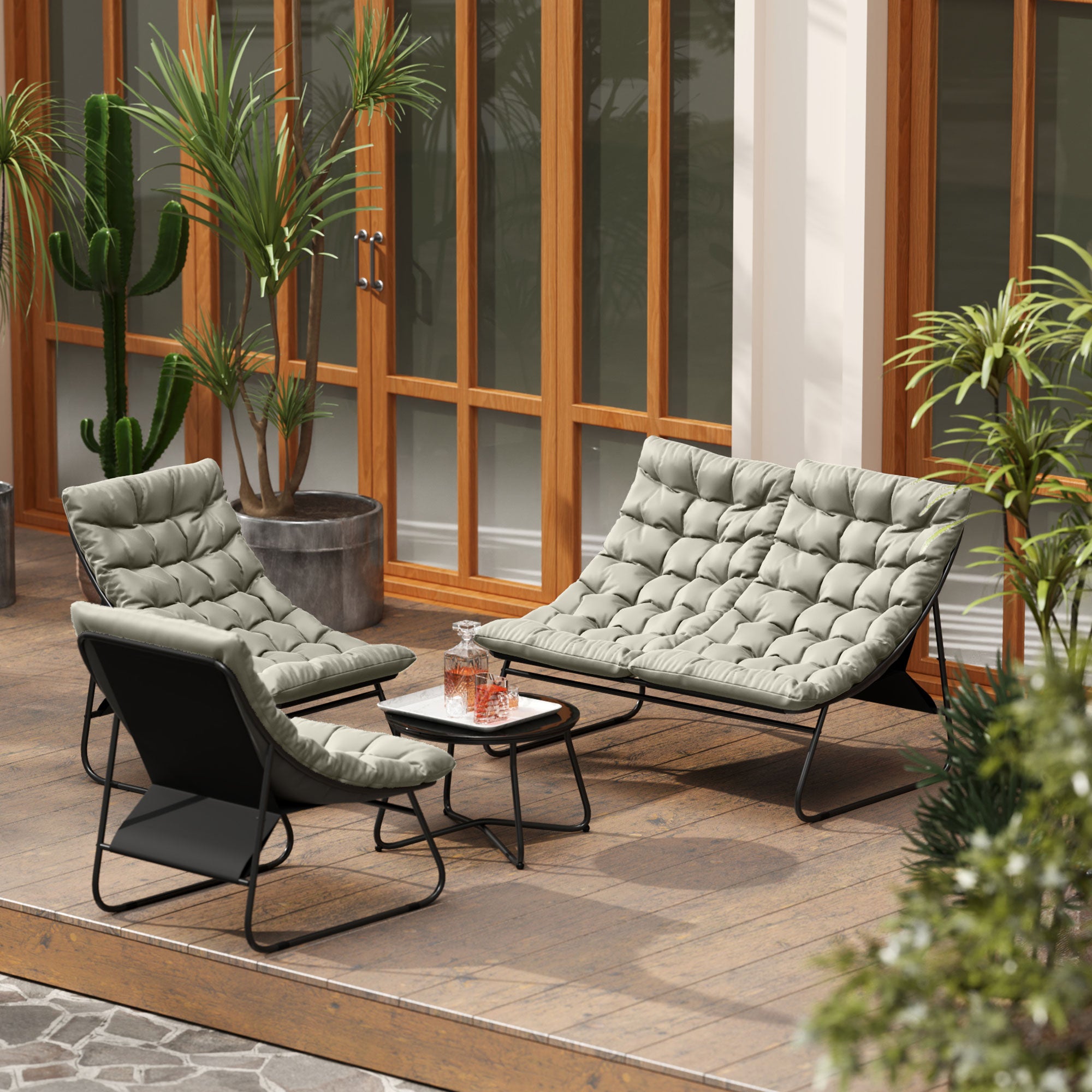 Outsunny 4 Seater Garden Furniture Set, Conversation Set with Loveseat Sofa, Chairs, Glass Coffee Table, Thick Cushions, Steel Outdoor Sofa for Balcony, Poolside, Conservatory, Light Grey