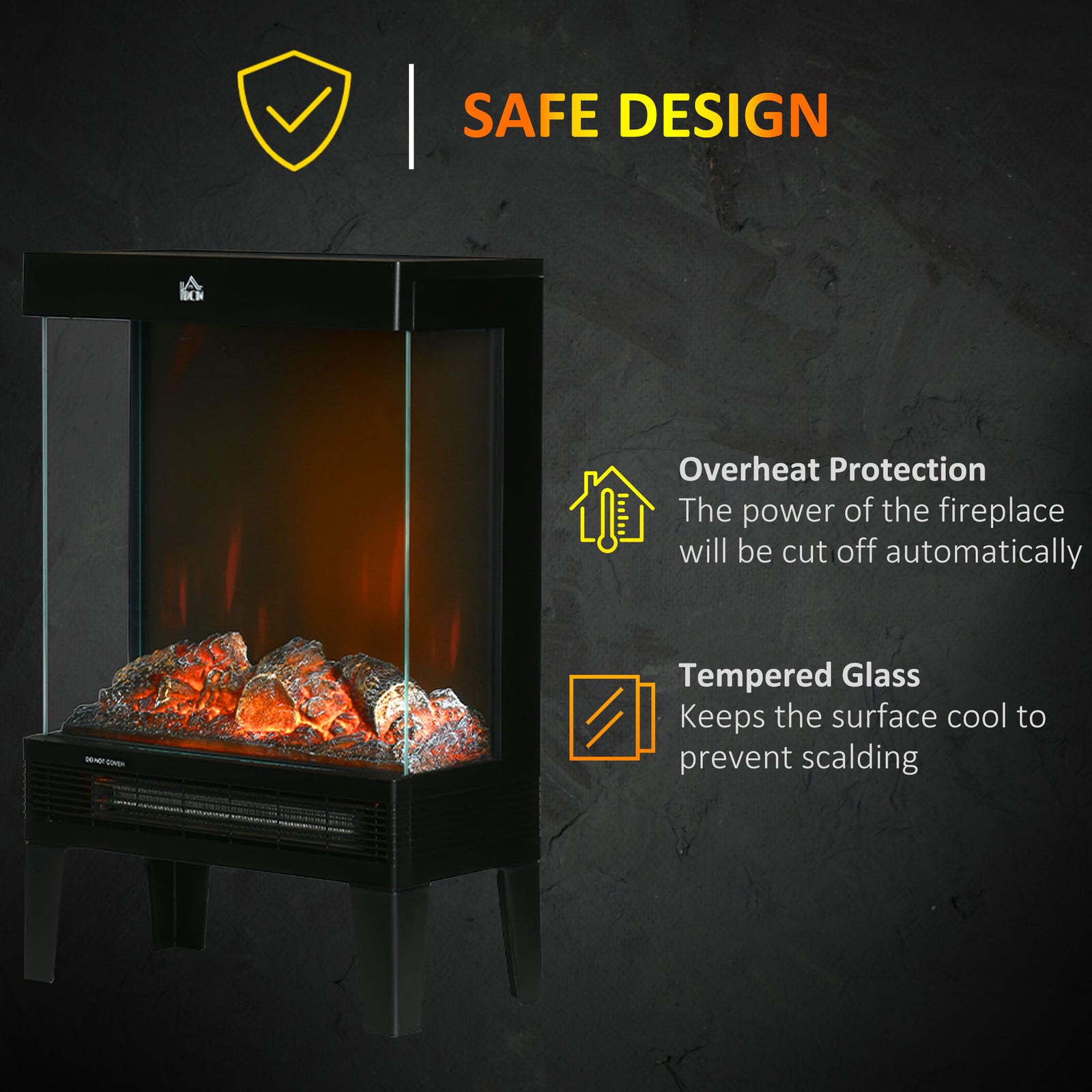 HOMCOM 180° Charming Electric Fireplace Heater, Quiet Freestanding Stove with LED Flame Effect, 3-Sided Tempered Glass Panels, Level-less Temperature Control, Overheat Protection, 1000W/2000W, Black