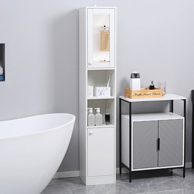 kleankin Tall Bathroom Storage Cabinet with Mirror, Narrow Freestanding Floor Cabinet with Adjustable Shelves