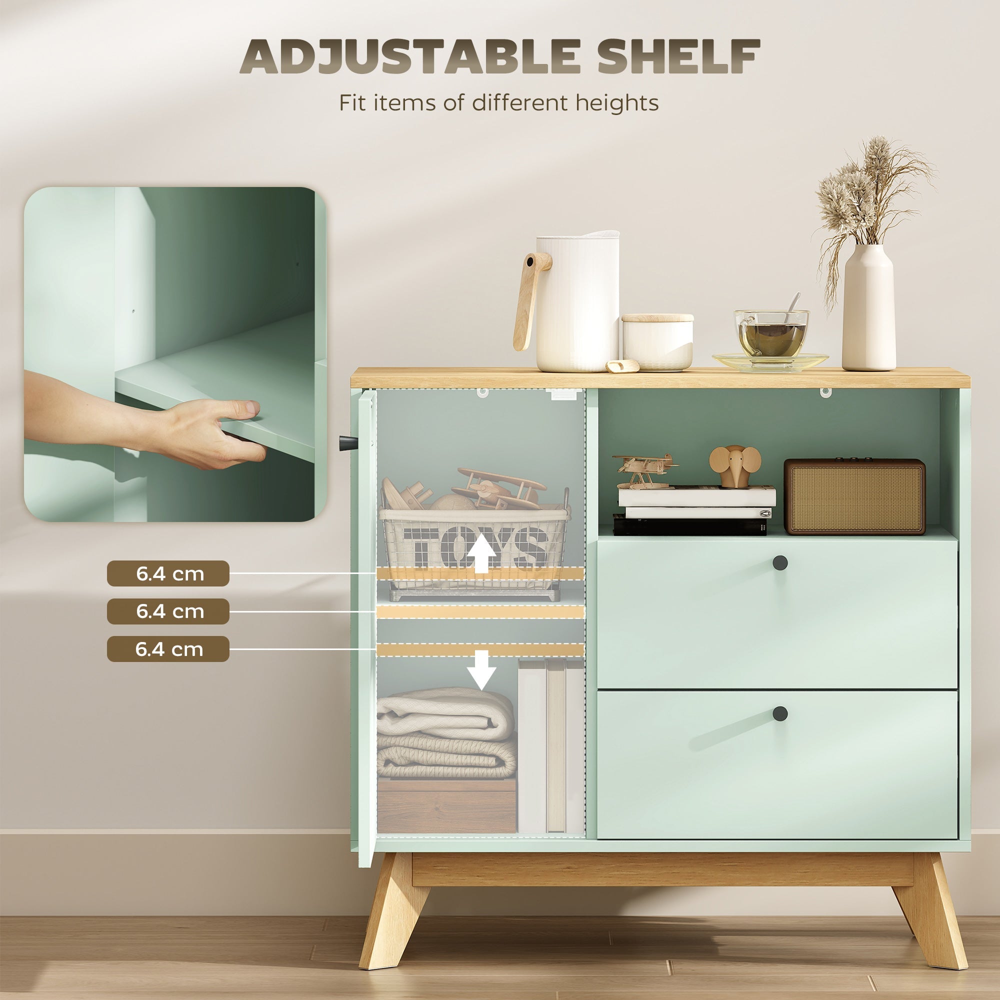 HOMCOM Sideboard Storage Cabinet, 80 cm Buffet Cabinet with 2 Drawers, Open Compartment, Adjustable Shelf, Light Green and Oak