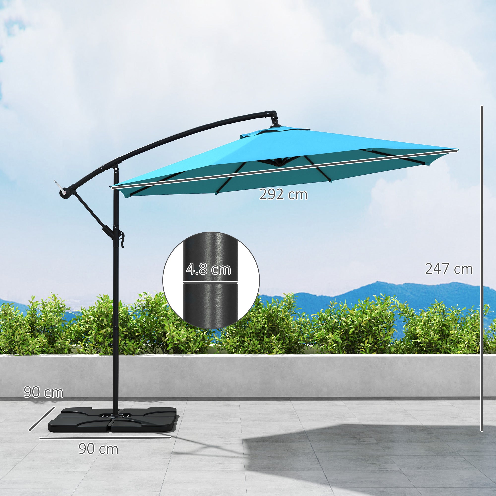 Outsunny 3m Overhanging Parasol, with Base, Weights and Cover - Blue