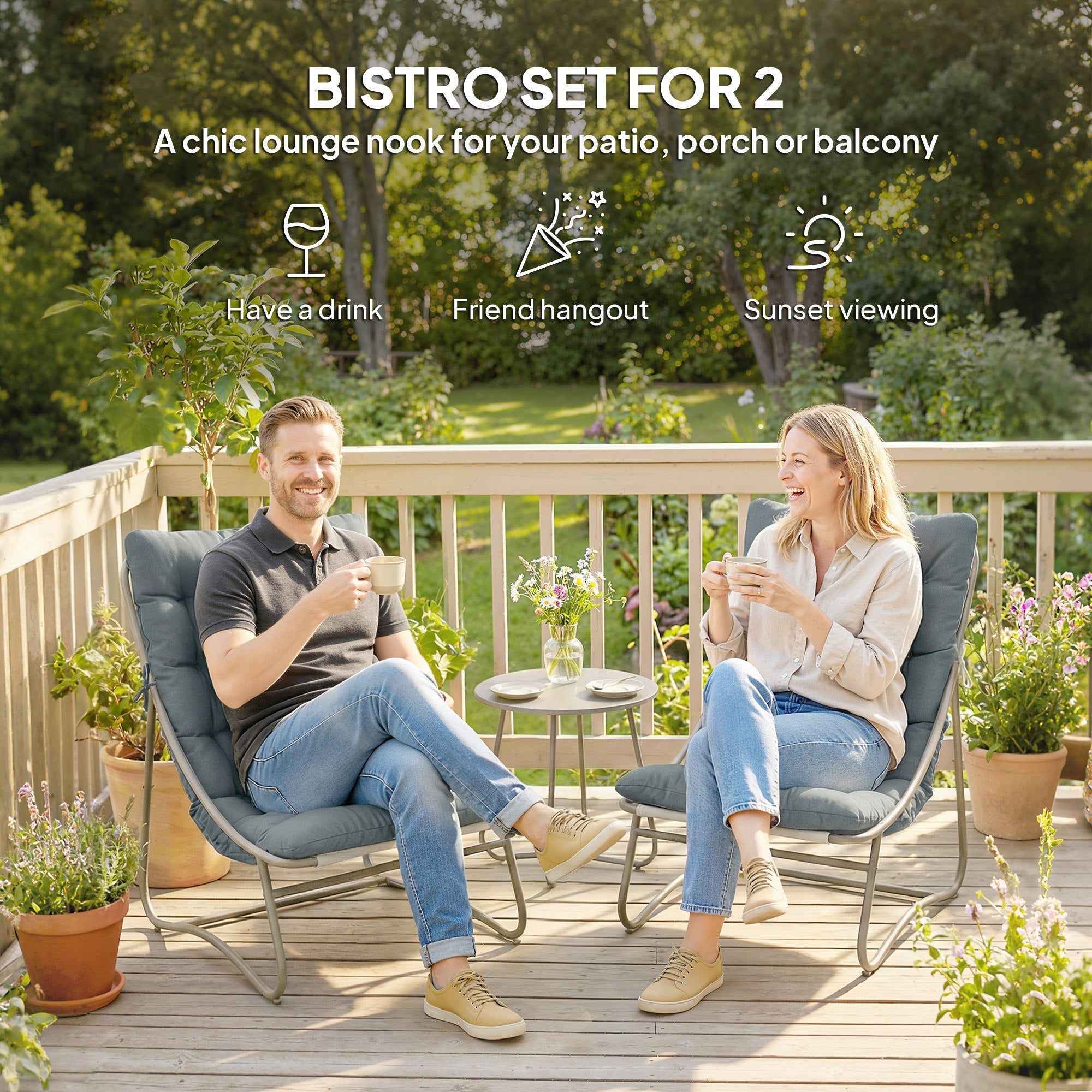 Outsunny 3 Piece Garden Bistro Set, Round Outdoor Bistro Table and Chairs Set for 2 with Texteline Seat and Cushions, Dark Grey