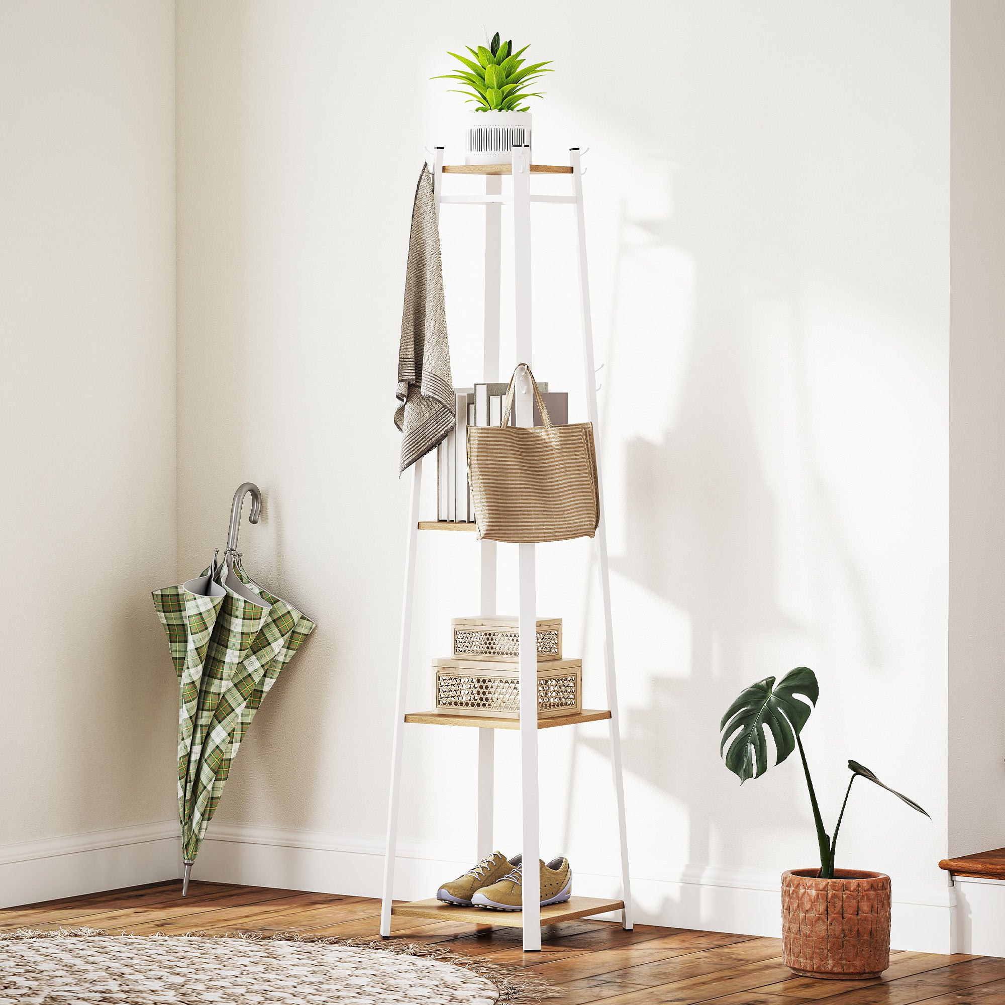 HOMCOM Compact Freestanding Coat Rack - White/Oak