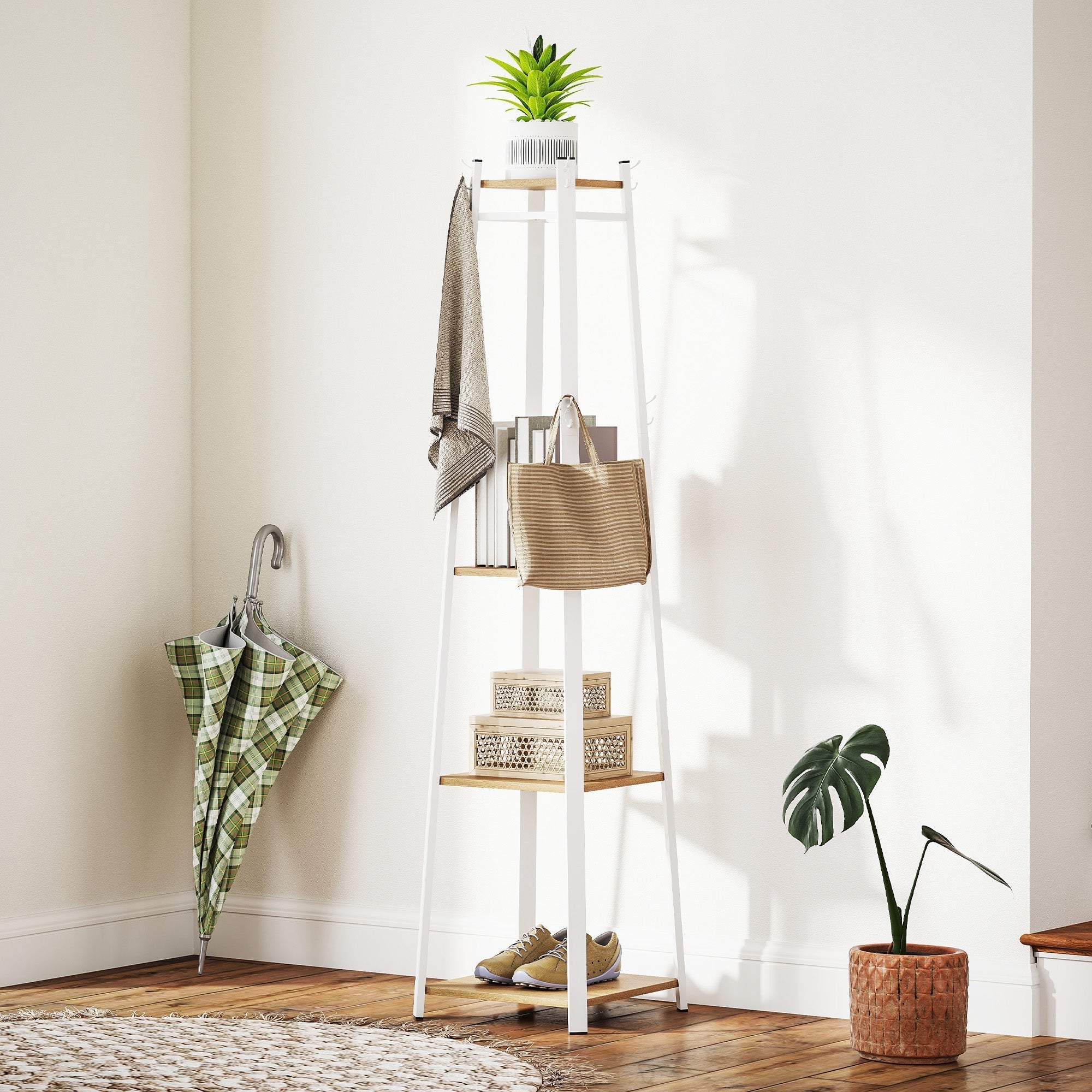 HOMCOM Compact Freestanding Coat Rack - White/Oak