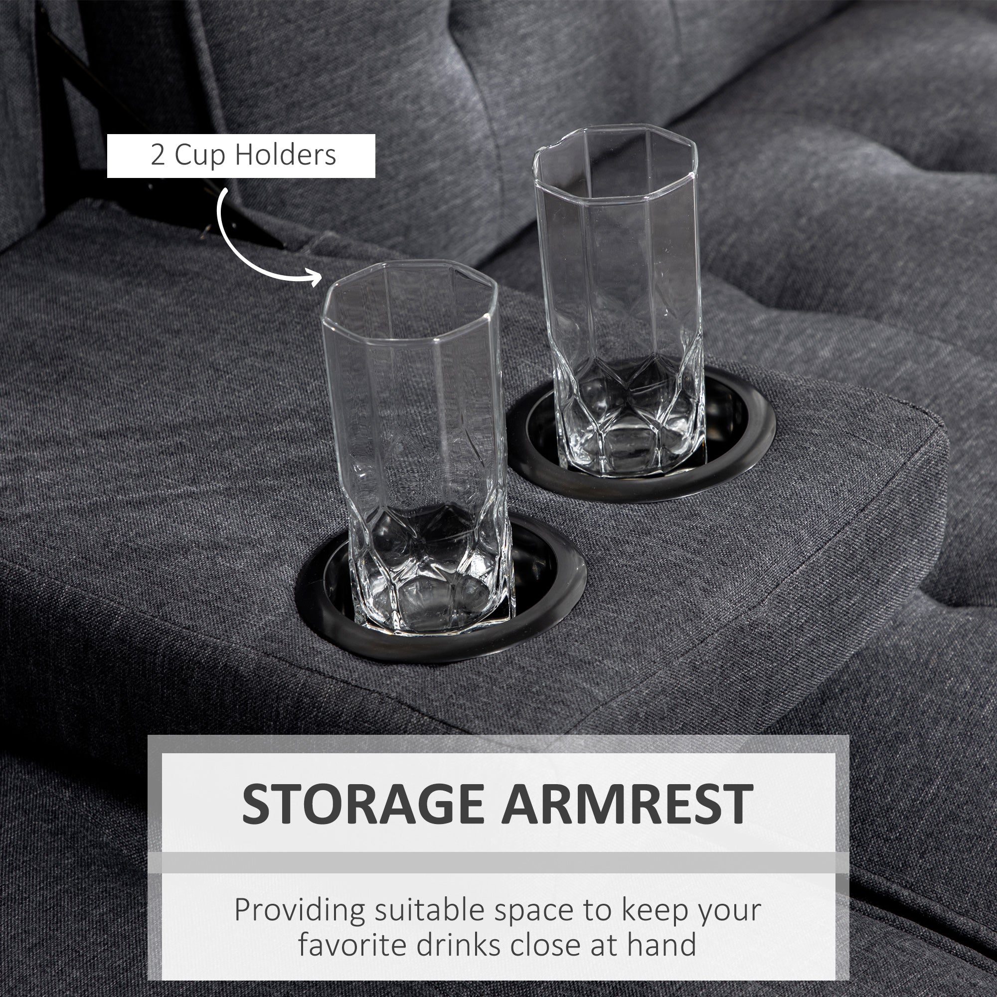 HOMCOM Three-Seater Sofa Bed, with Cupholders - Grey