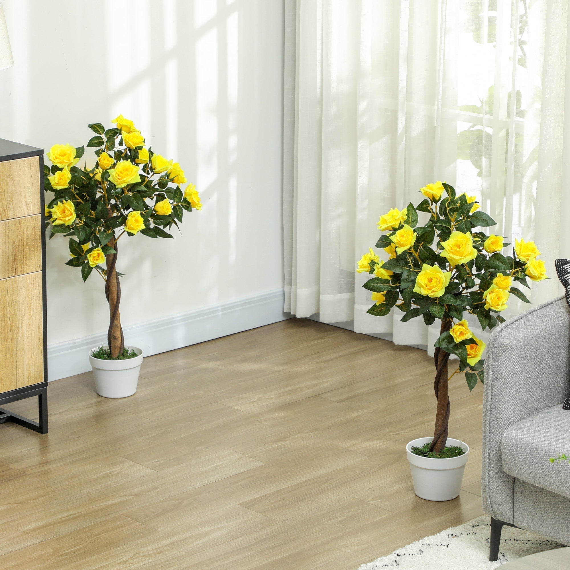 Outsunny Set of 2 Artificial Plants White Rose Floral in Pot, Fake Plants for Home Indoor Decor, 90cm, Yellow