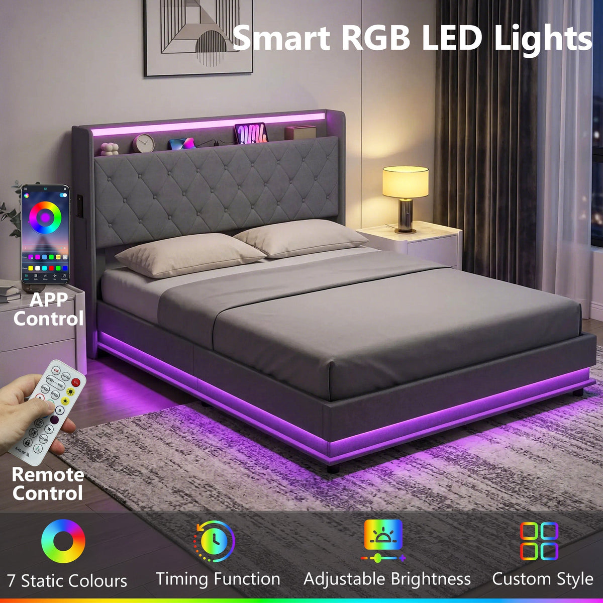 HOMCOM 5ft King Bed Frame with Headboard, Platform Bed Frame with Hydraulic Storage, LED Lights and Charging Station, Grey