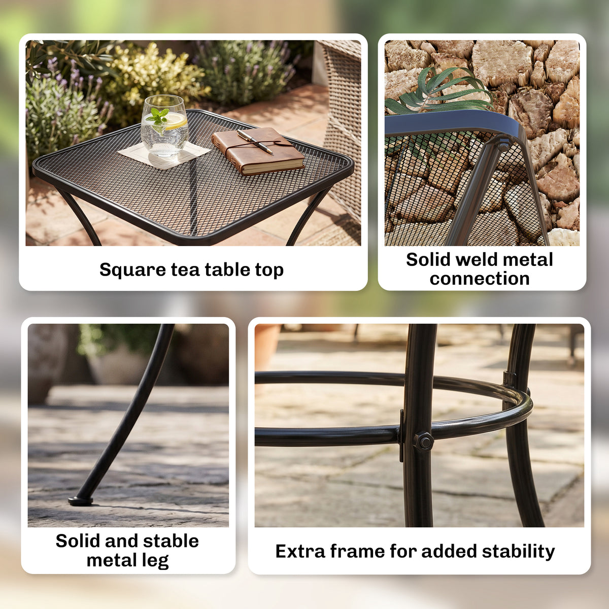 Outsunny 60cm Square Garden Table, Outdoor Metal Bistro Side Desk with Mesh Top, Black