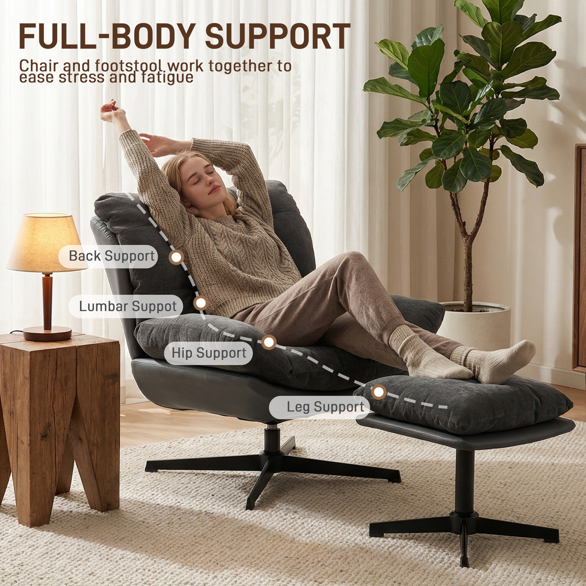 HOMCOM Accent Chair with Footstool, Swivel Lounge Chair with Chenille Upholstery, Metal Base, Dark Grey