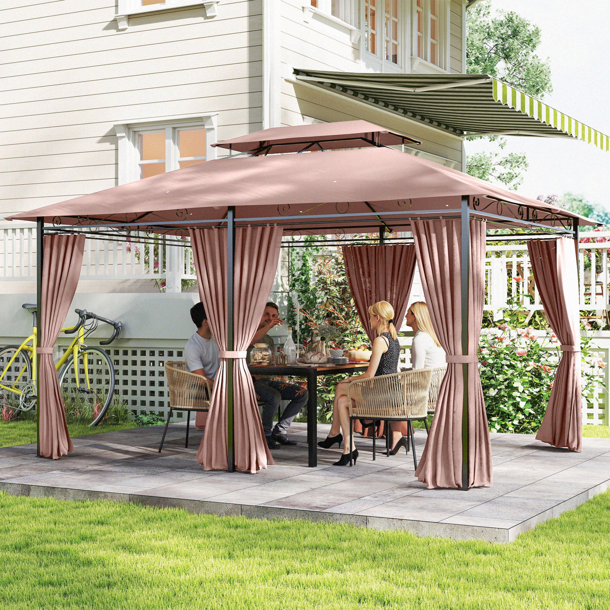 Outsunny 4m x 3(m)Garden Gazebo, Double Roof Outdoor Gazebo Canopy Shelter with Curtains, Solid Steel Frame for Patio, Garden, Brown
