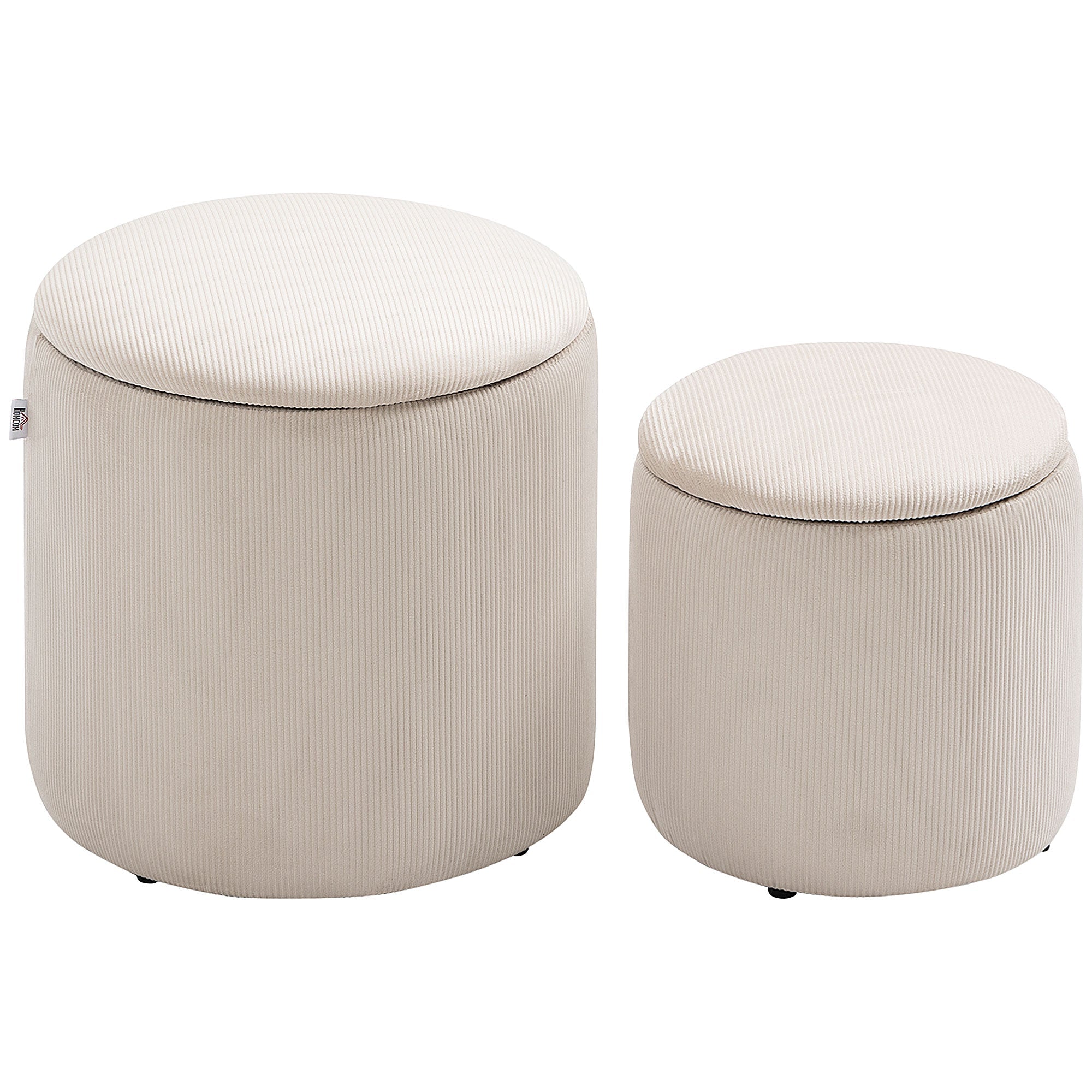HOMCOM Set of 2 Round Ottoman with Storage, Fabric Vanity Stool for Makeup, Footrest Stool with Removable Lid for Living Room & Bedroom, Cream White