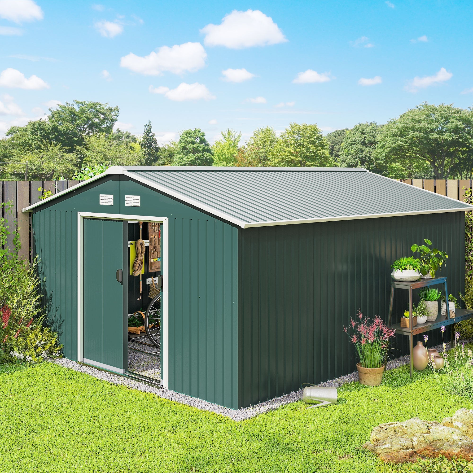 Outsunny 12.5 x 11.1ft Steel Sliding Door Storage Shed - Green