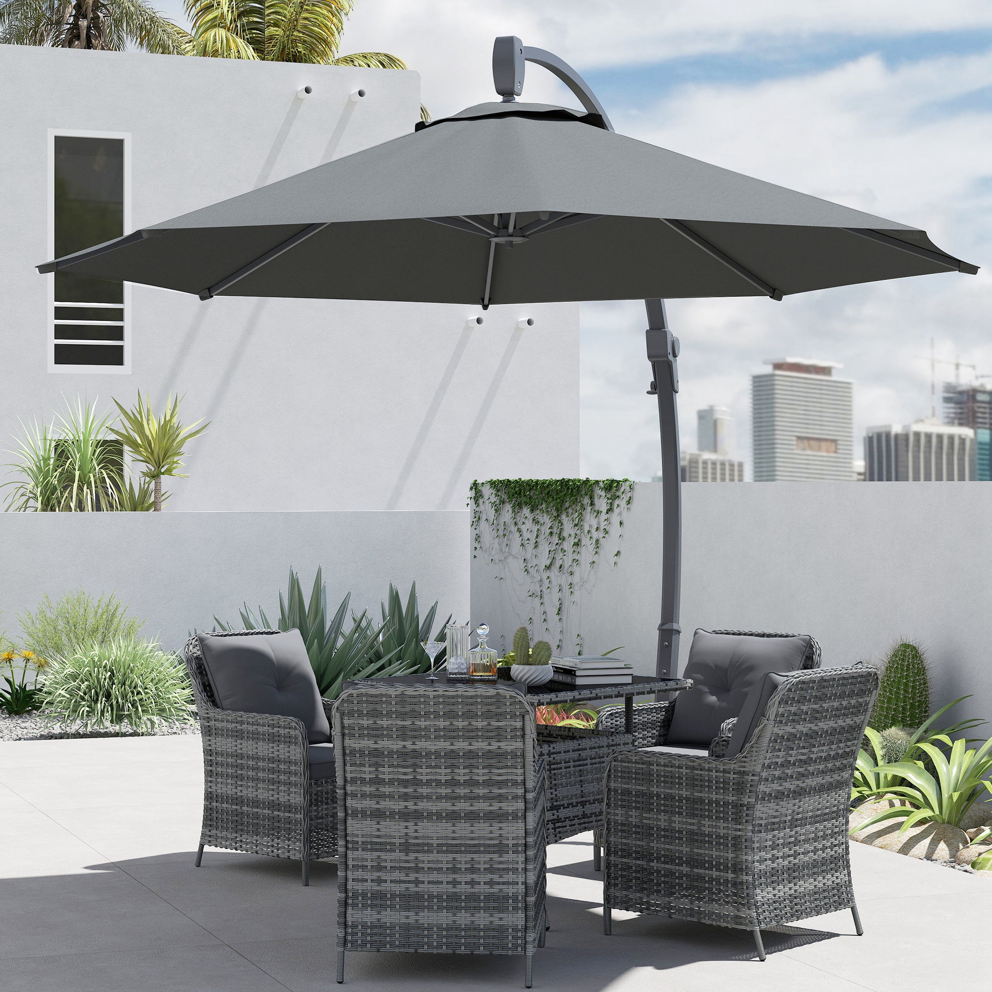 Outsunny 3(m) Garden Cantilever Parasol, Round Overhanging Umbrella with Crank Handle, Cross Base, Aluminium Frame and 360√Ç¬∞ Rotation, Banana Patio Umbrella for Outdoor Sun Shade, Grey
