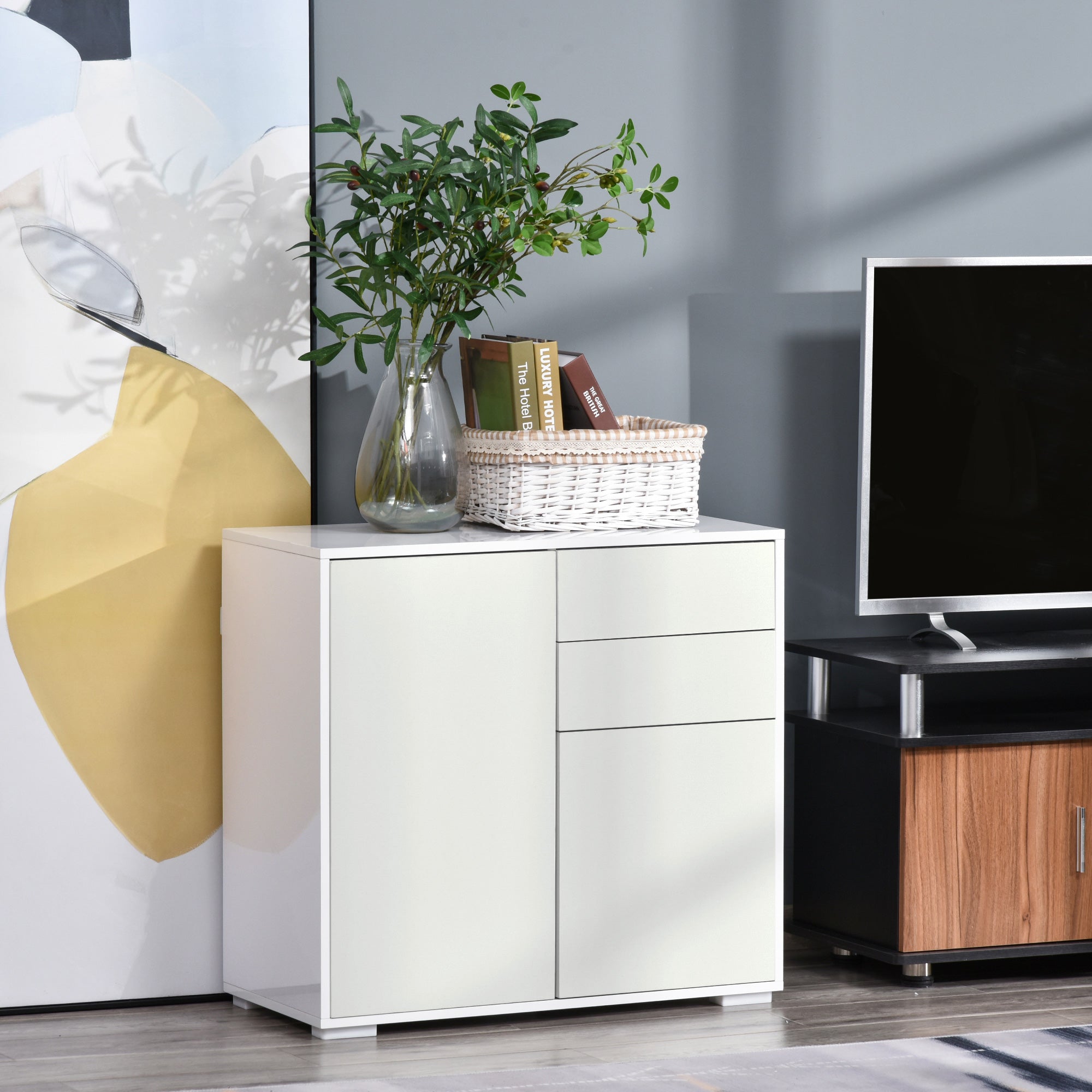 HOMCOM High Gloss Frame Sideboard, Push-Open Design with 2 Drawer for Living Room, Bedroom, 74H x 79W x 36Dcm, White