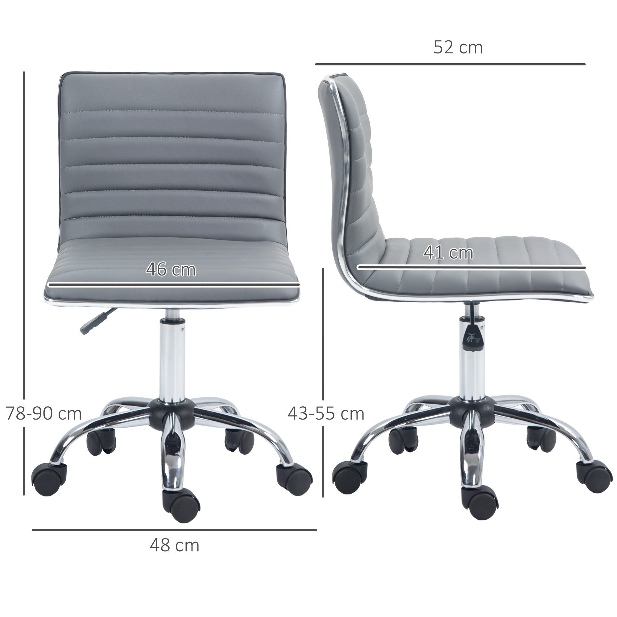 HOMCOM Armless Task Desk Chair, Swivel Office Chair with Faux Leather, Adjustable Seat Height, Chrome Base, Wheels for Home, Light Grey