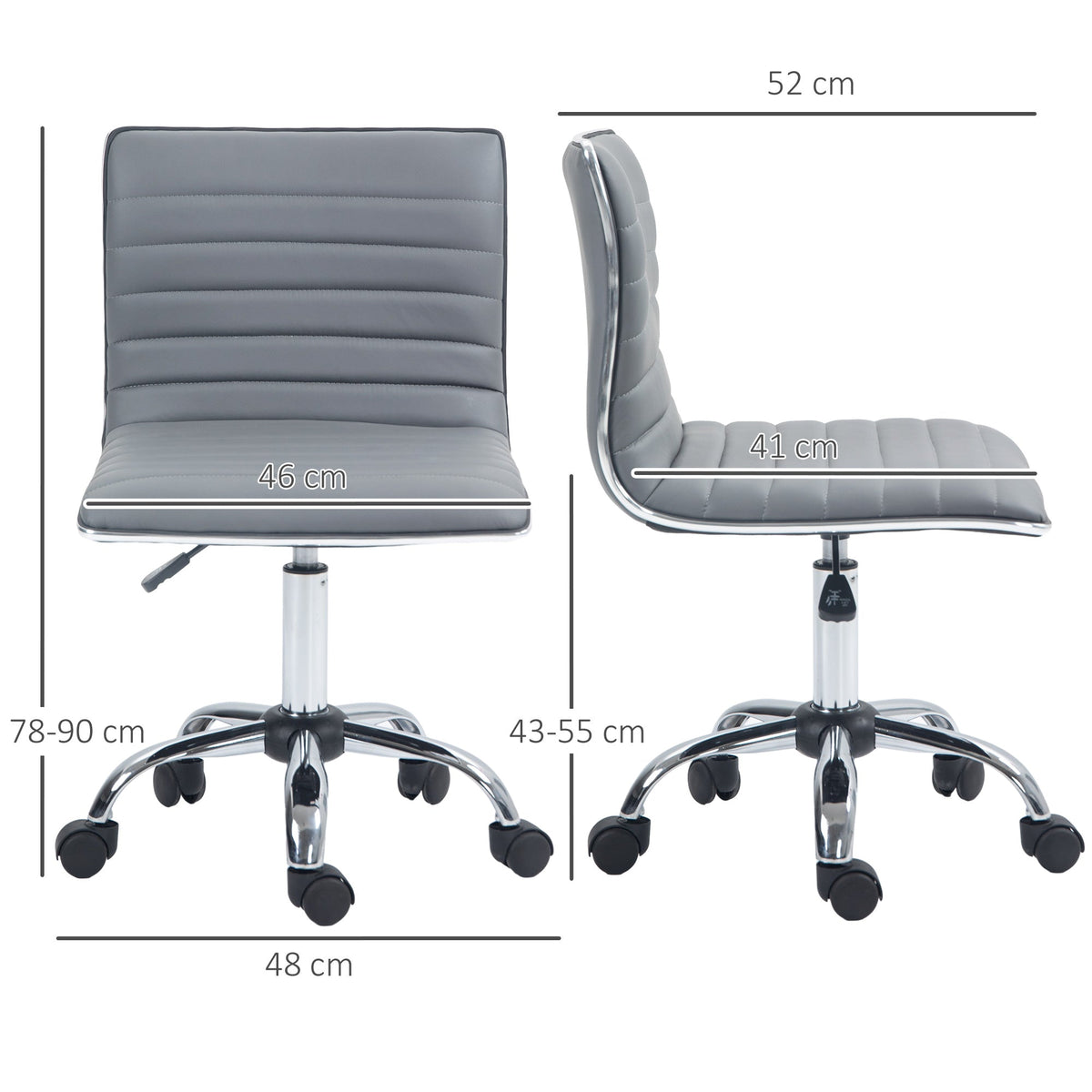 HOMCOM Armless Task Desk Chair, Swivel Office Chair with Faux Leather, Adjustable Seat Height, Chrome Base, Wheels for Home, Light Grey