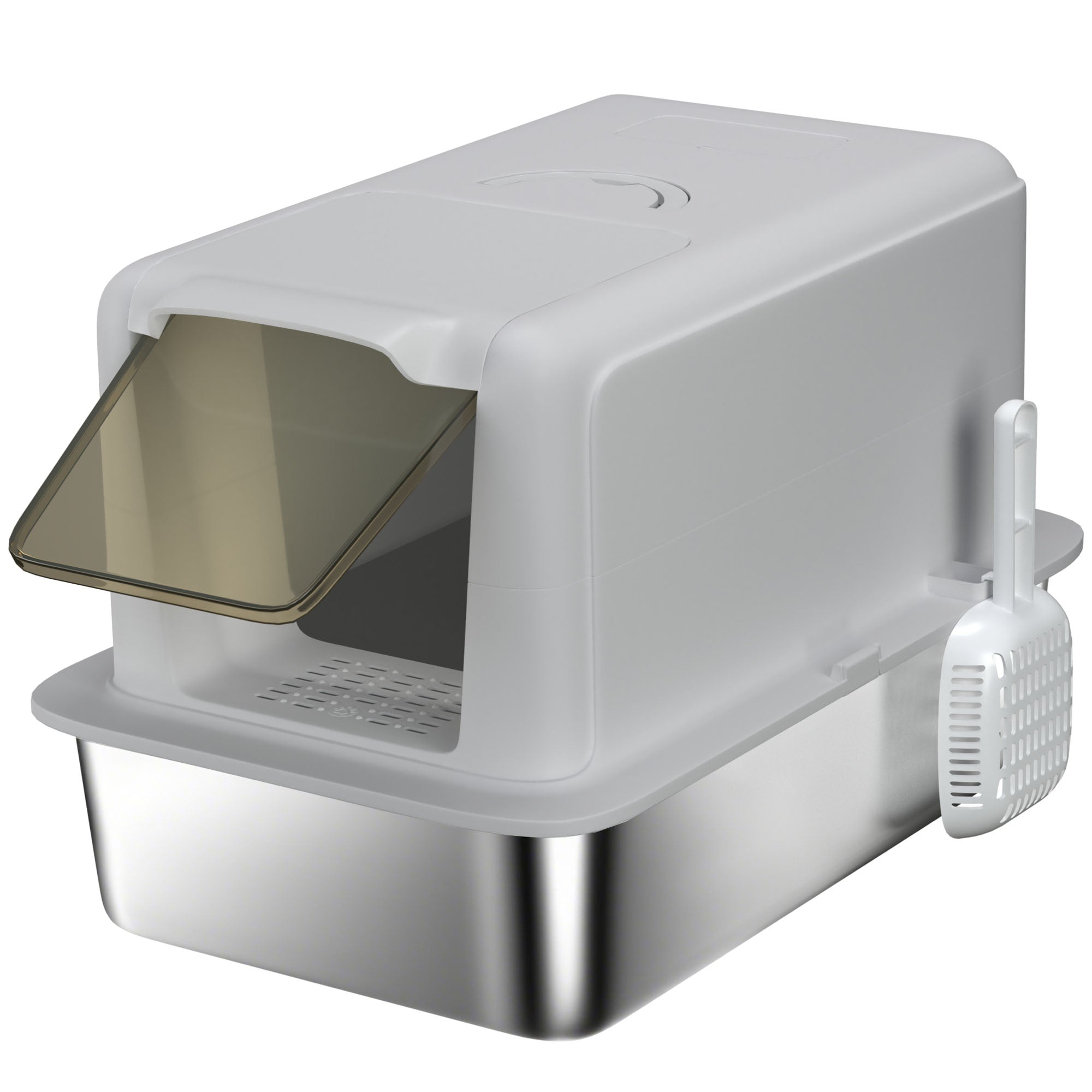 PawHut Stainless Steel Cat Litter Box with Removable Lid, Scoop, Filter Bags, for Larger Cats, Grey