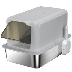 PawHut Stainless Steel Cat Litter Box with Removable Lid, Scoop, Filter Bags, for Larger Cats, Grey