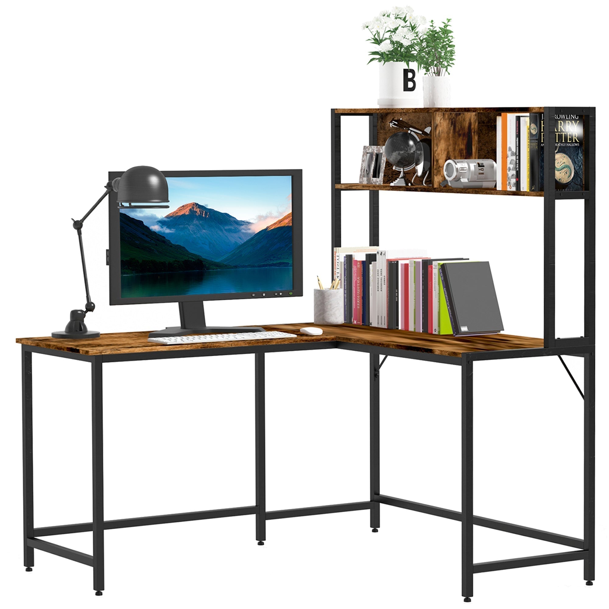 HOMCOM L Shaped Desk with Book Shelf, Industrial Corner Computer Desk, Writing Table with Steel Frame for Home Office, Bedroom, Study Room, 140 x 125cm, Brown