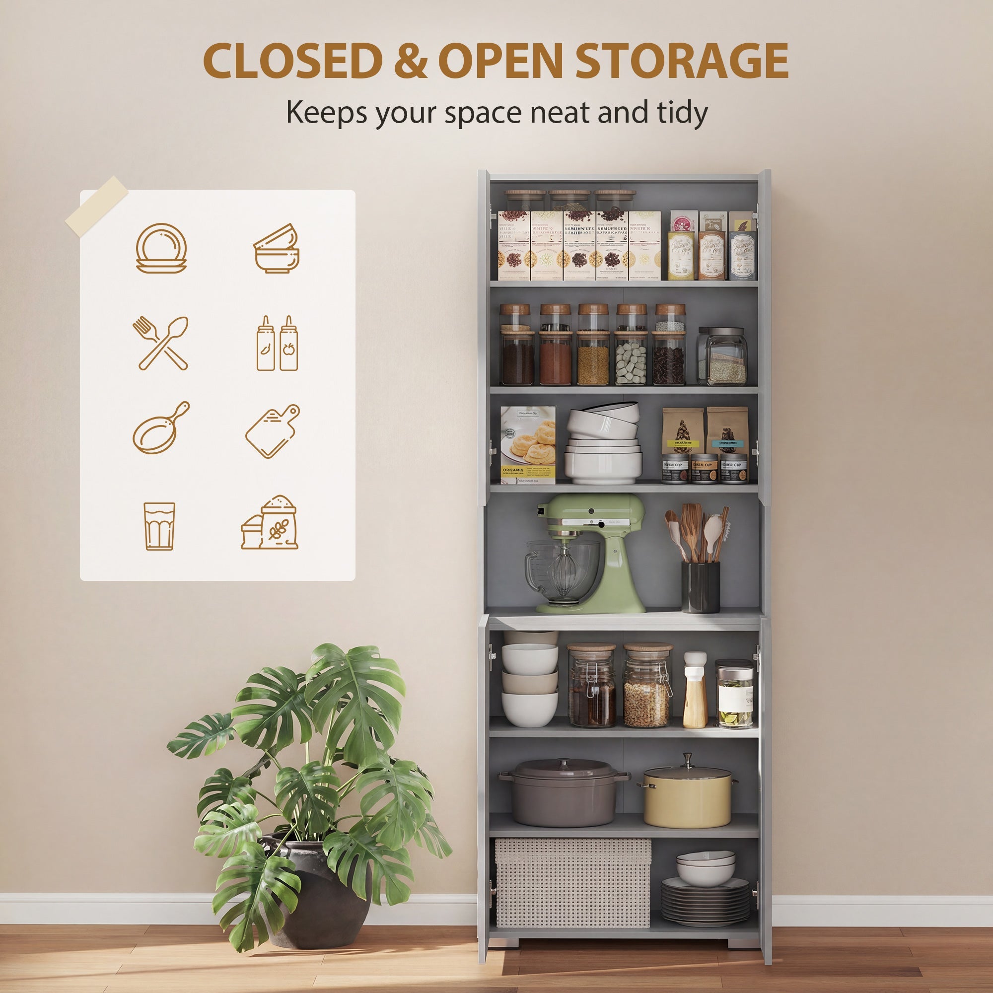 HOMCOM 180 cm Tall Kitchen Cupboard, Pantry Storage Cabinet with Soft Close Doors and Adjustable Shelves, High Gloss Grey