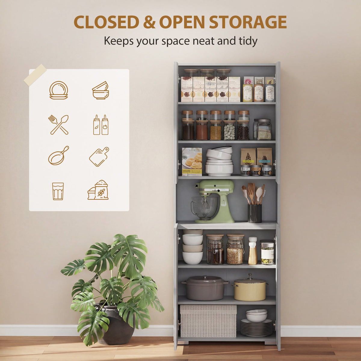 HOMCOM 180 cm Tall Kitchen Cupboard, Pantry Storage Cabinet with Soft Close Doors and Adjustable Shelves, High Gloss Grey
