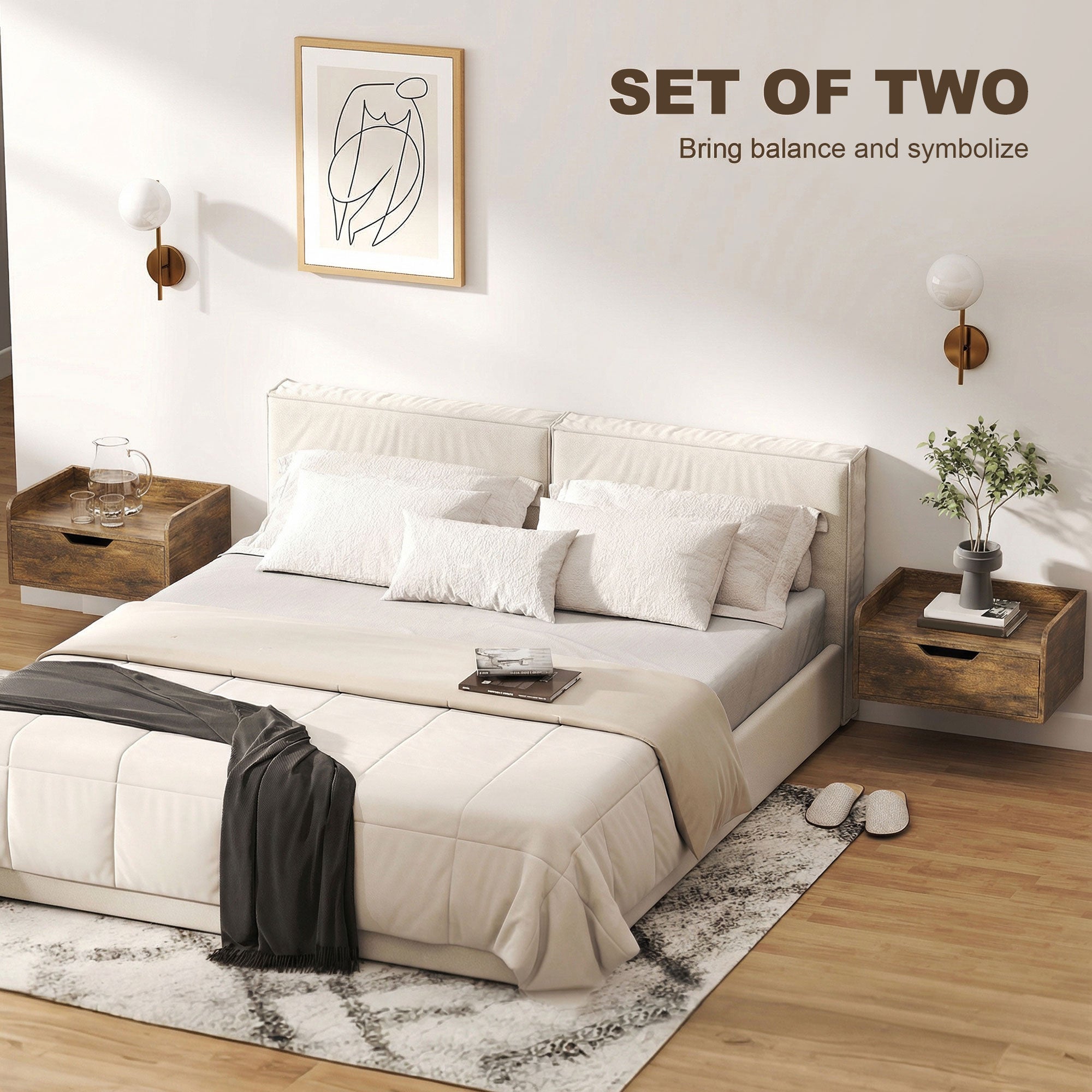 HOMCOM Floating Nightstands Set of 2, Wall Mounted Bedside Table with Drawer for Bedroom, Rustic Brown