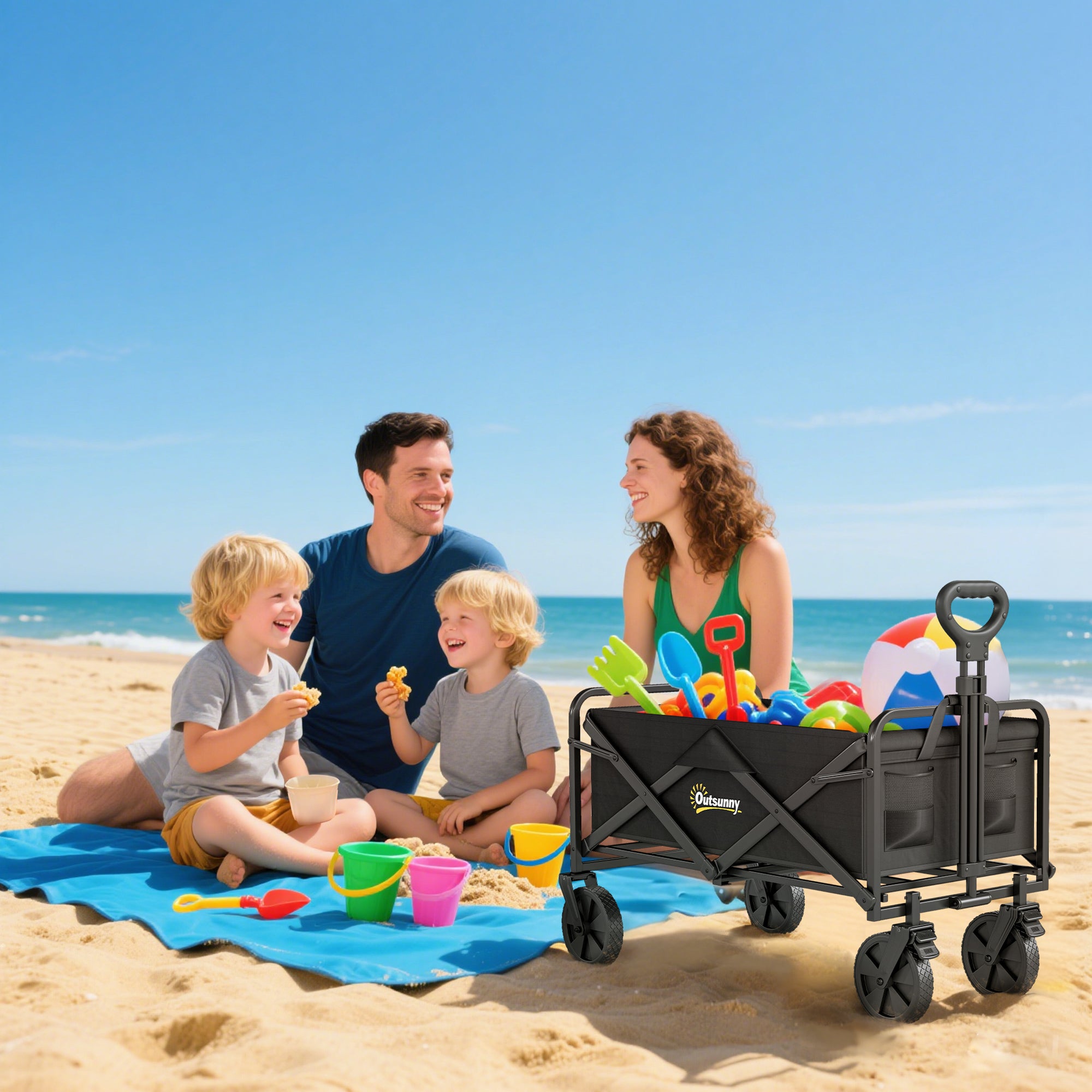 Outsunny Folding Steel Frame Garden Storage Cart, with Wheels and Handle - Black